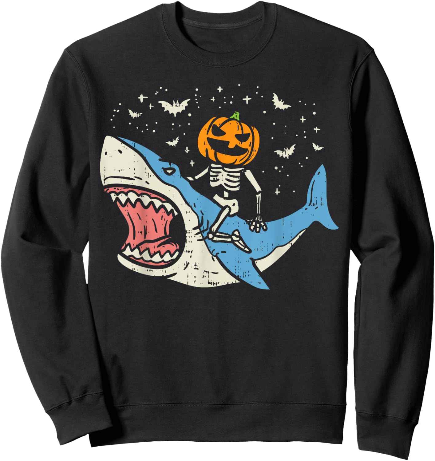 Pumpkin Skeleton Riding Shark Bats Halloween Costume Kids Sweatshirt - Sweatshirt | Black