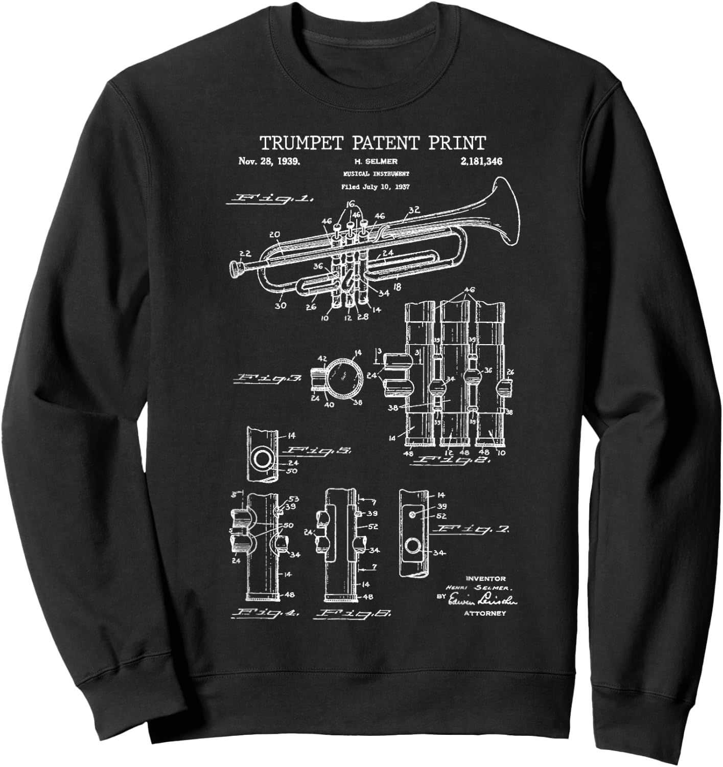 Trumpet Patent Print 1939 - Vintage Patent Music Sweatshirt - Sweatshirt | Black