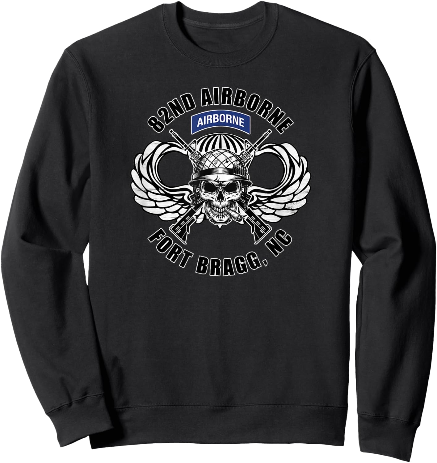 82nd Airborne Division Fort Bragg Veteran Jump Wings Skull Sweatshirt - Sweatshirt | Black
