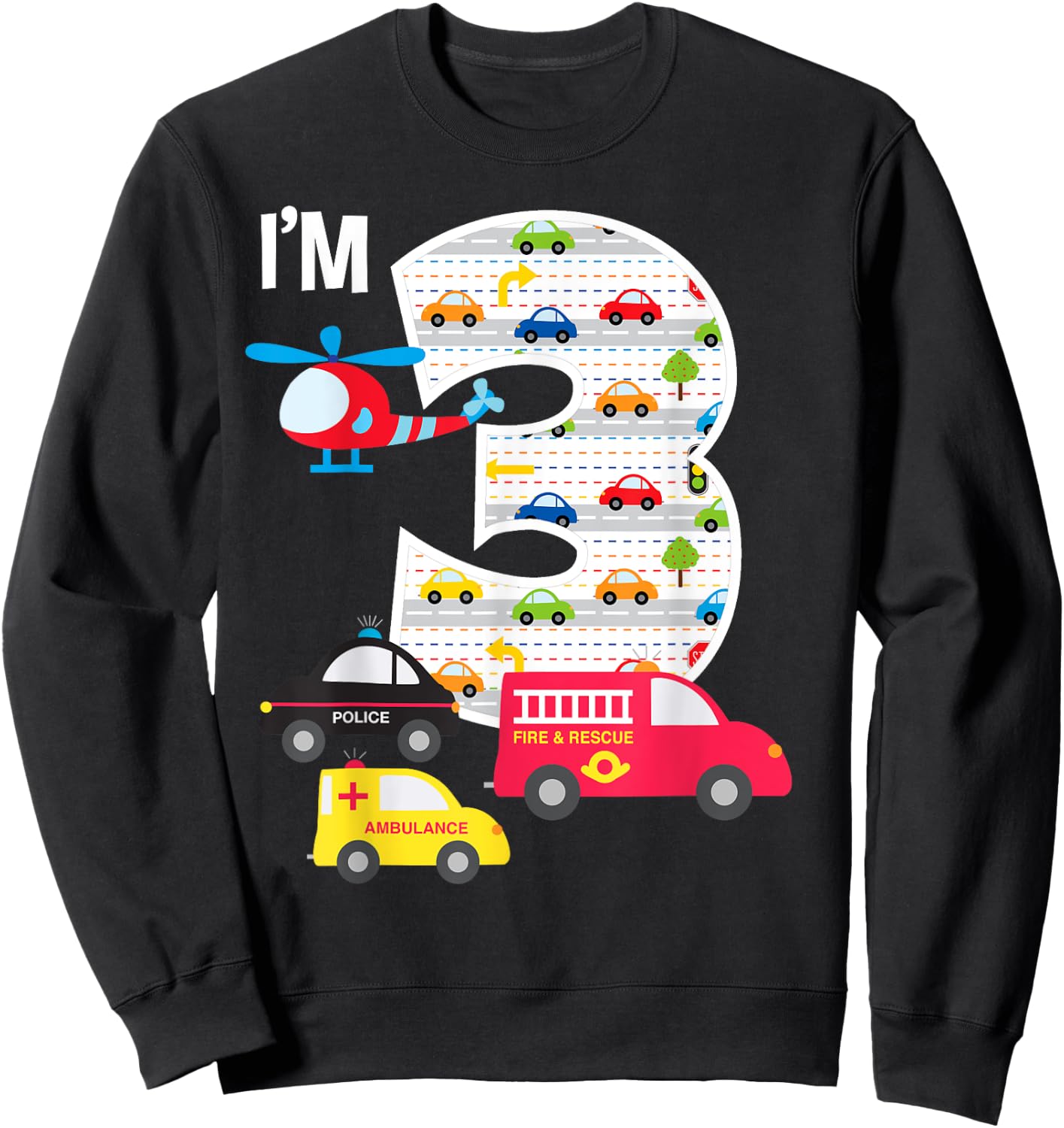 3rd Birthday Fire Truck Police Car 3 Year Old Boys Sweatshirt - Sweatshirt | Black