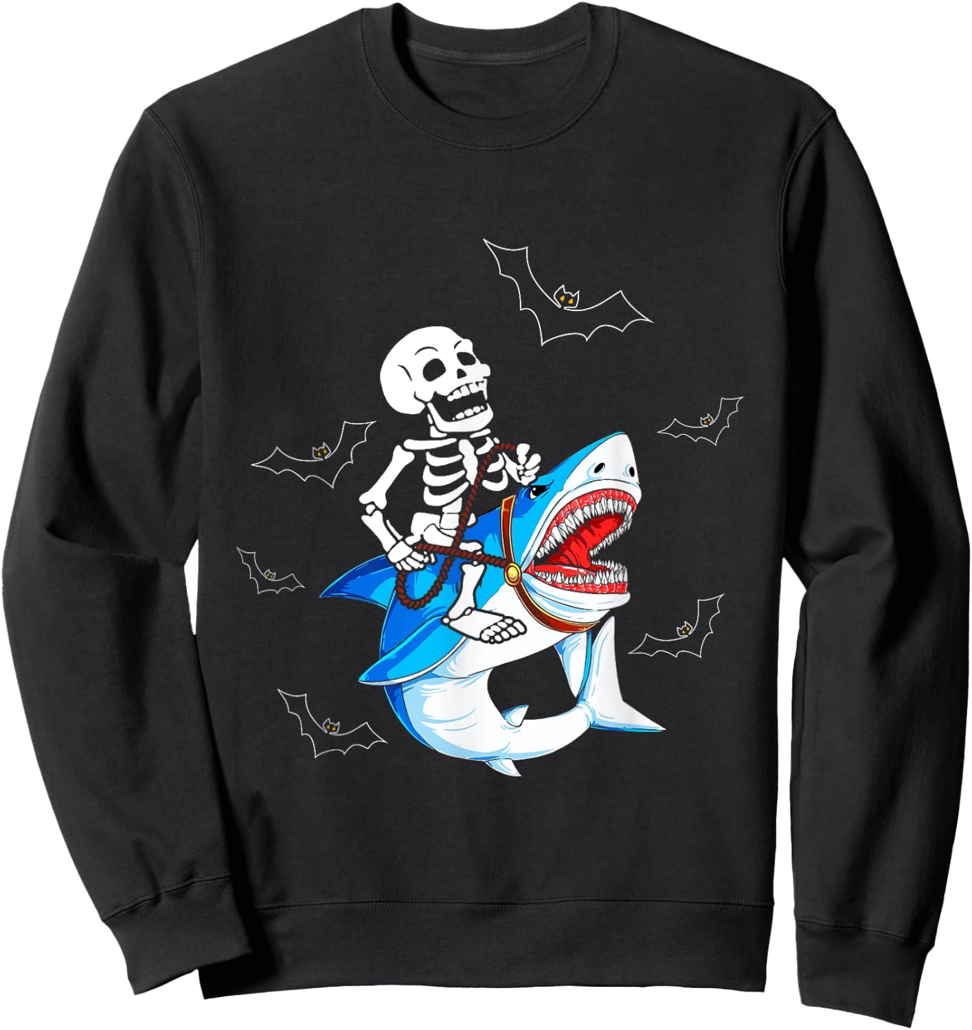 Skeleton Riding Shark Funny Halloween Boys Girls Kids Sweatshirt - Sweatshirt | Black