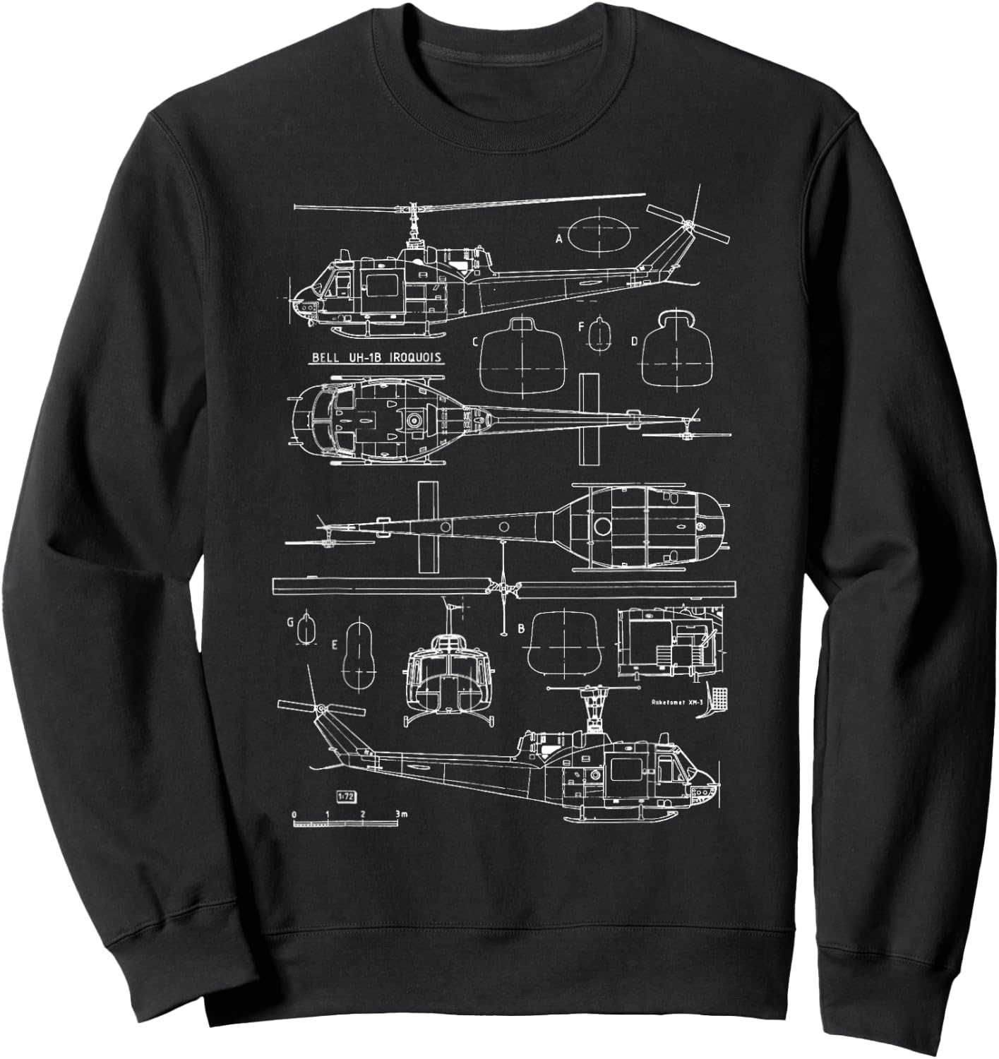 Bell UH-1 Huey Blueprint USA Veteran Military Aircraft Pilot Sweatshirt - Sweatshirt | Black