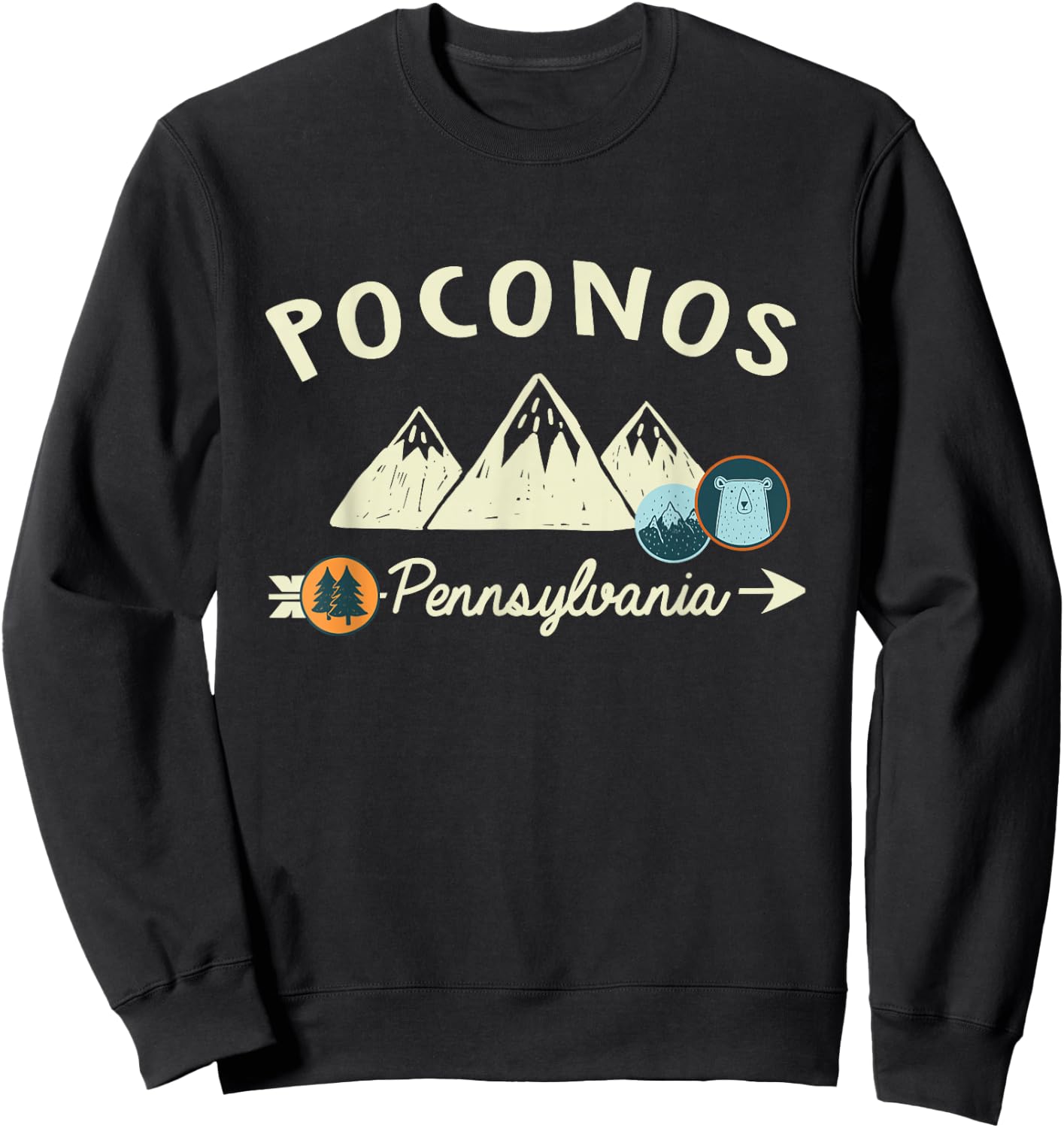 Funny Cartoon Mountain Hiking Patches Poconos Pennsylvania Sweatshirt - Sweatshirt | Black