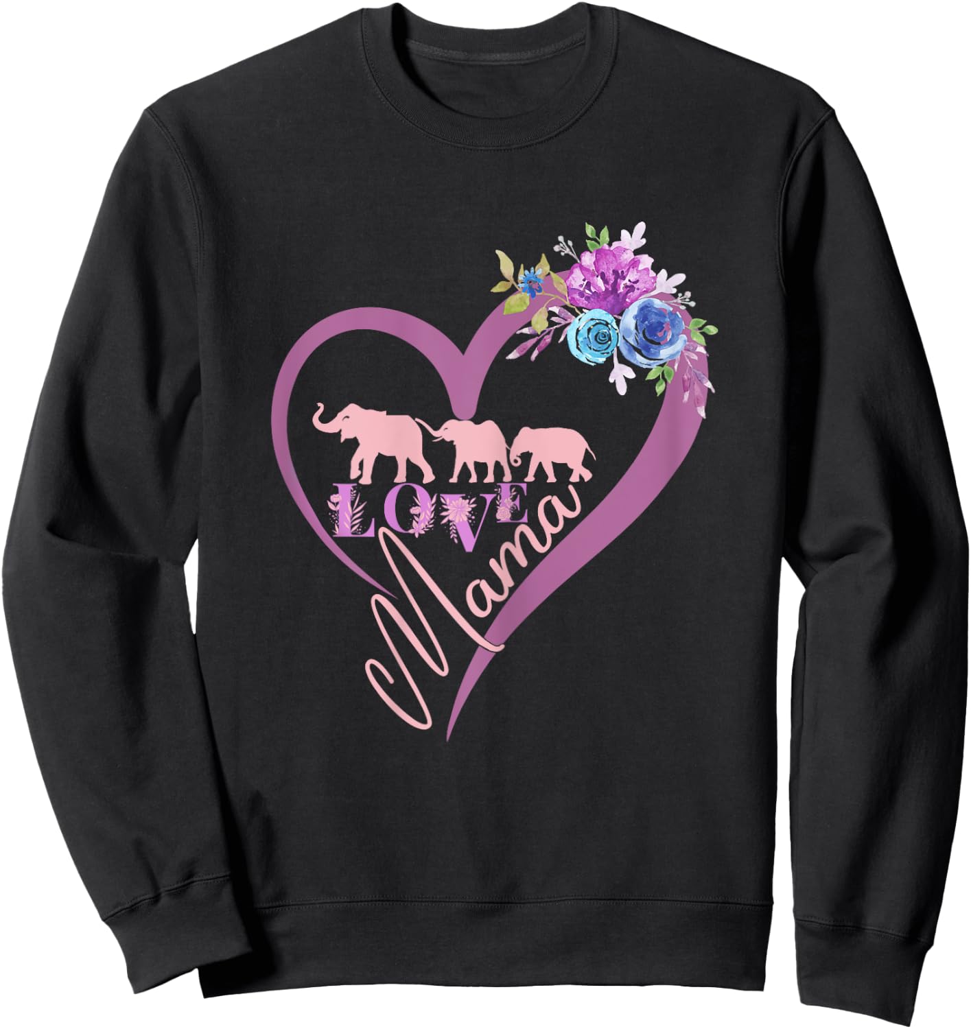 Floral Heart Pink Mama elephant and Two babies Calves Sweatshirt - Sweatshirt | Black