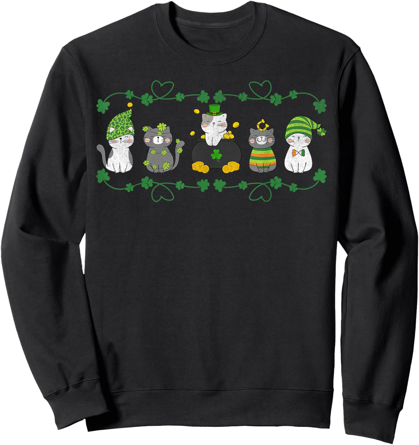 Cute Cats St. Patrick’s Day Clover Design Sweatshirt - Sweatshirt | Black