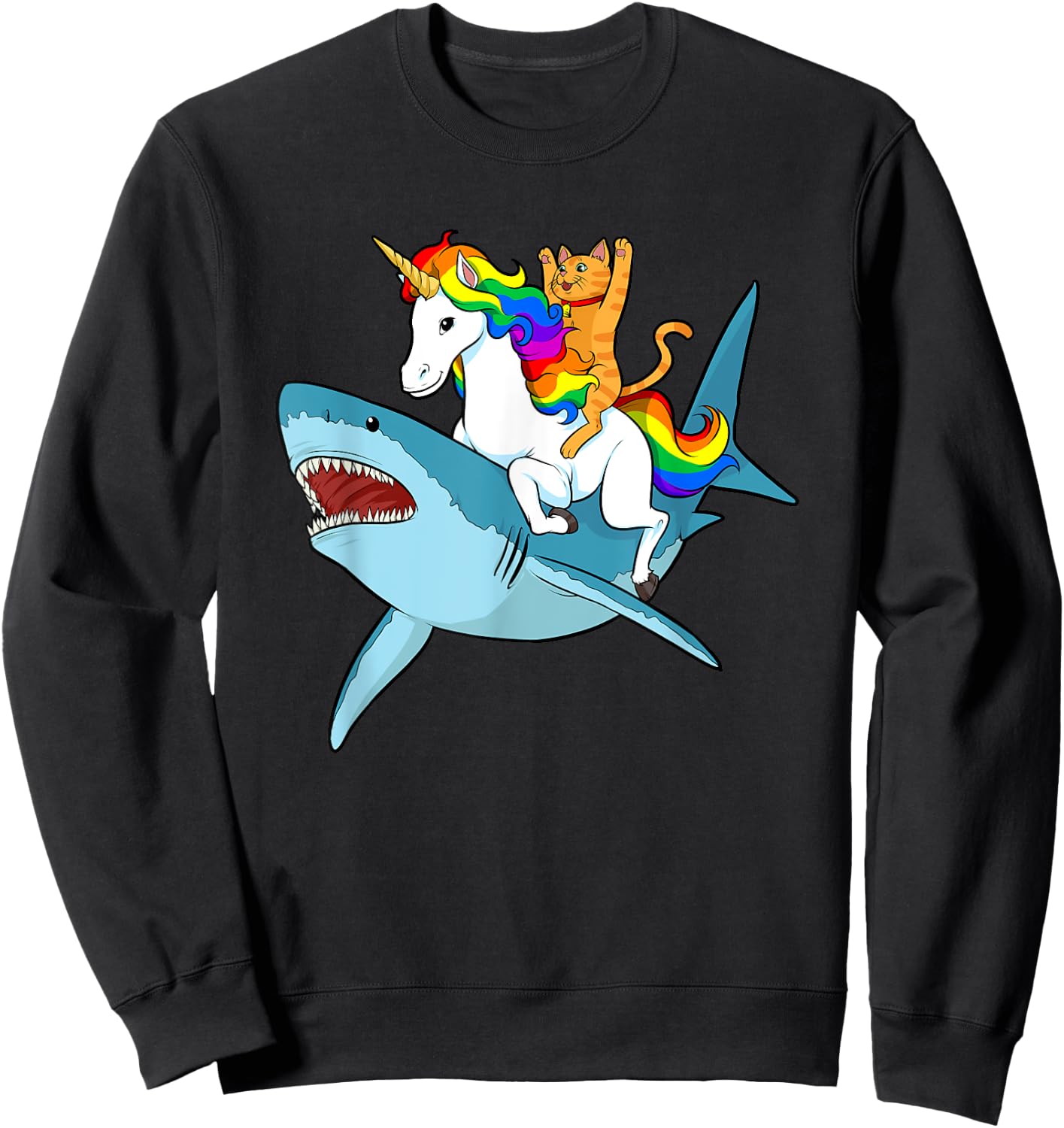 Cat Riding Unicorn Riding Shark Design Sweatshirt - Sweatshirt | Black