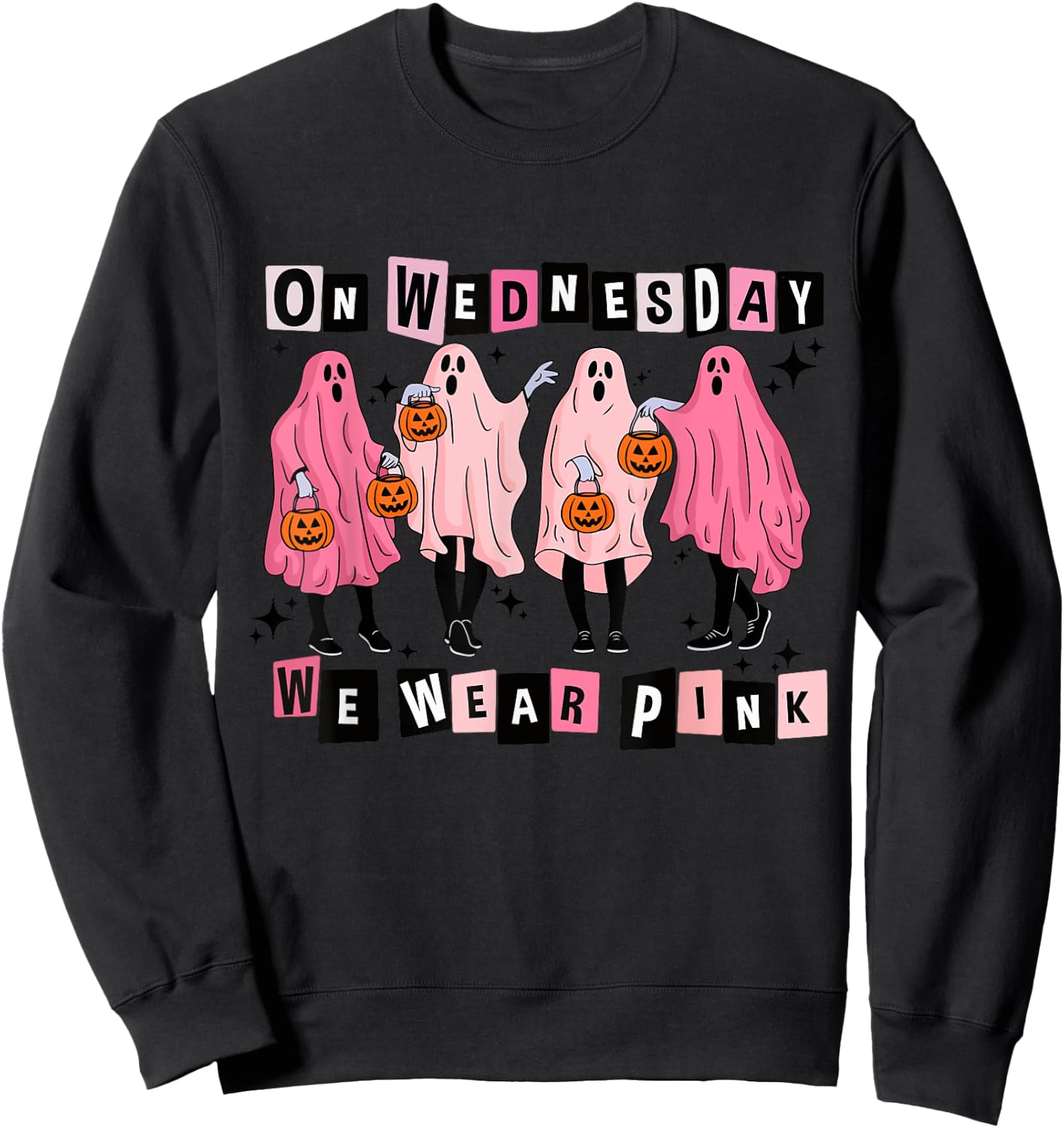 On Wednesday We Wear Cute Pink Ghost Halloween Sweatshirt - Sweatshirt | Black