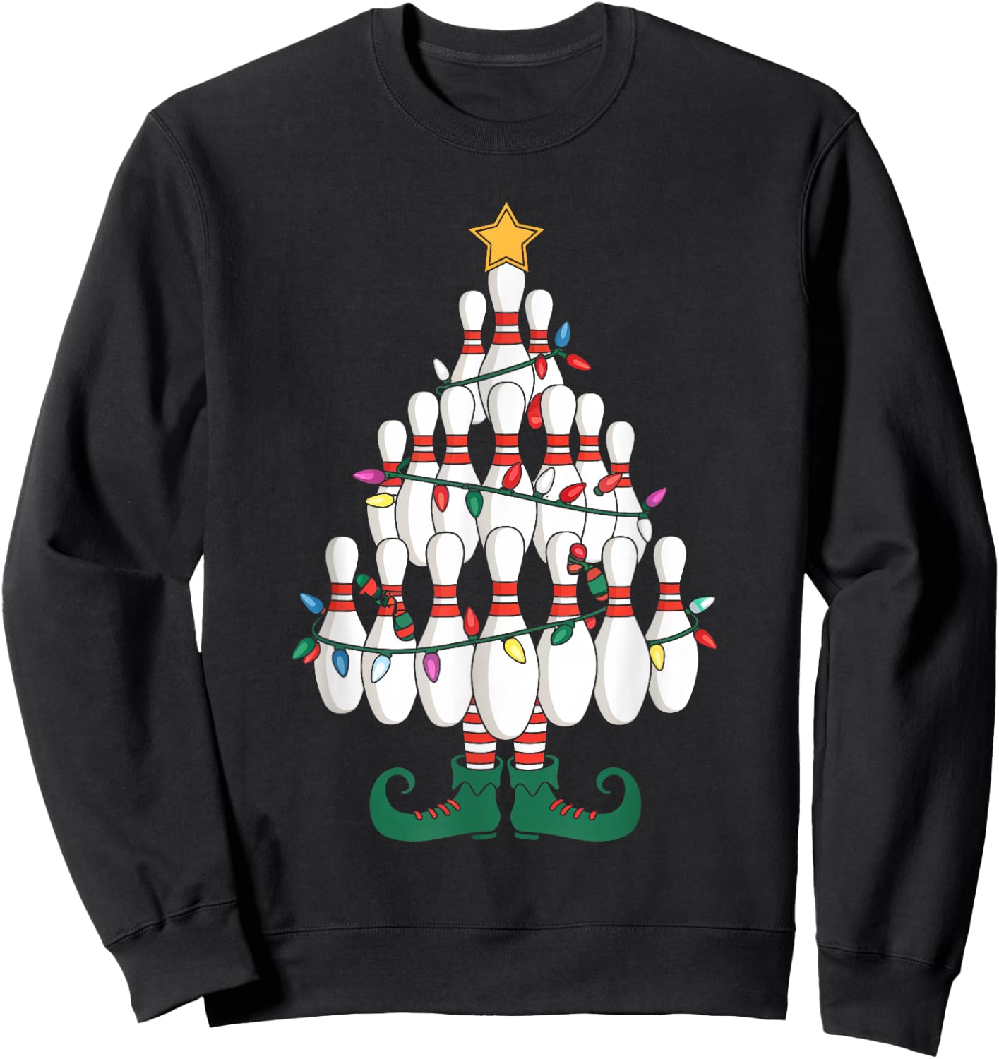 Bowling Elves Pin Strike Christmas Tree Lights Xmas Party Sweatshirt - Sweatshirt | Black