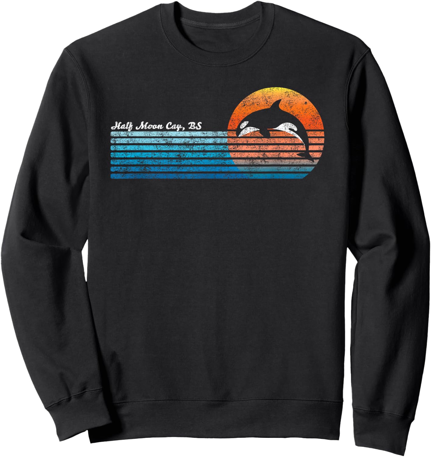 Vintage Half Moon Cay, Bahamas Retro 80s Orka Sunset Sweatshirt - Sweatshirt | Black