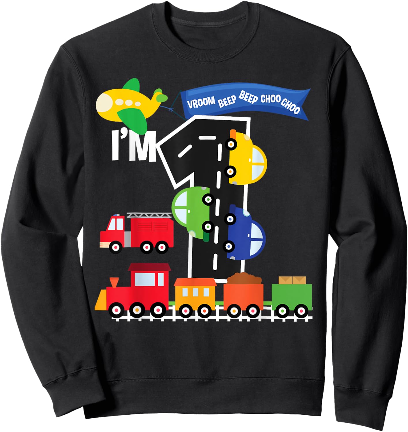 Transportation 1st Birthday Airplane Cars Fire Truck Train Sweatshirt - Sweatshirt | Black