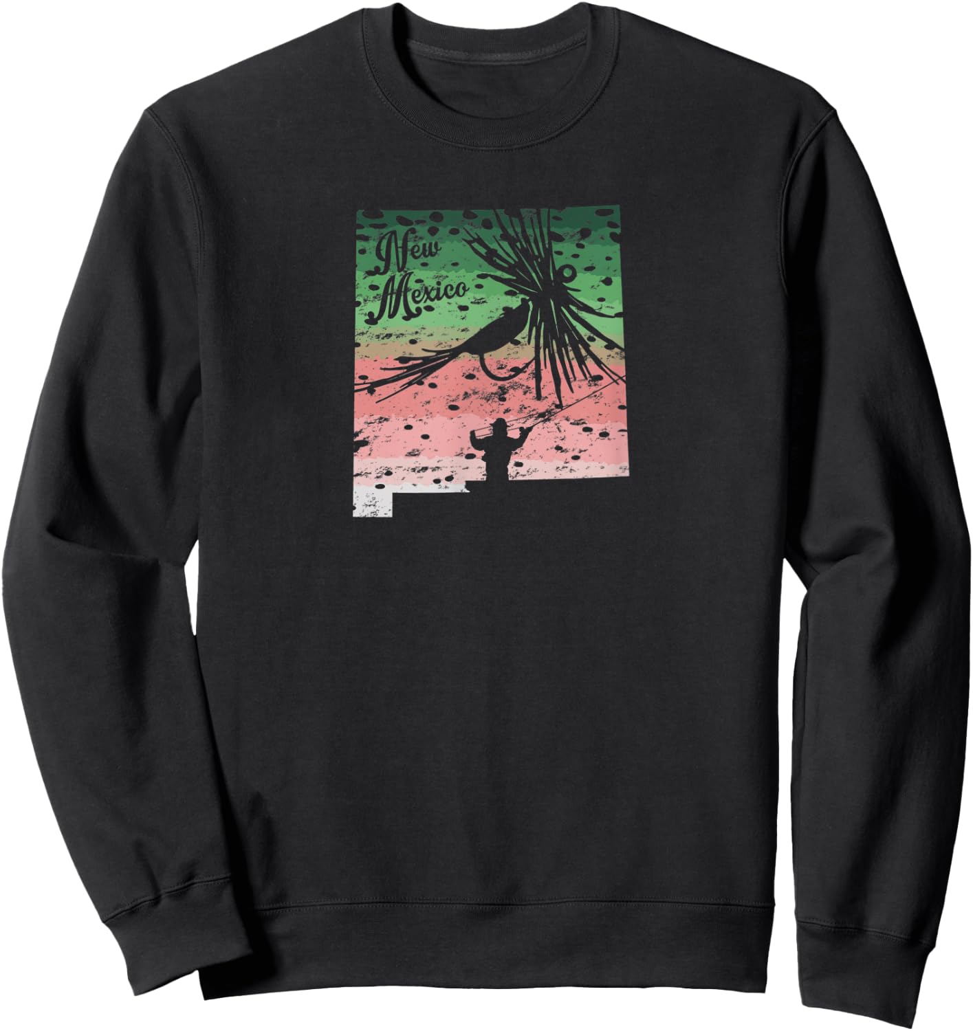 Vintage Big Fly Rainbow Trout New Mexico Map Fly Fishing Sweatshirt - Sweatshirt | Black