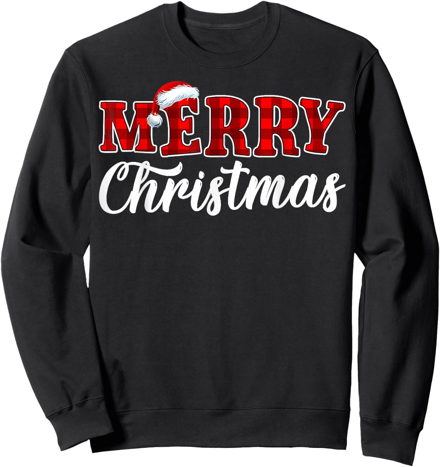 Merry Christmas Buffalo Plaid Red Santa Hat Xmas Pajamas Sweatshirt - Sweatshirt | Black