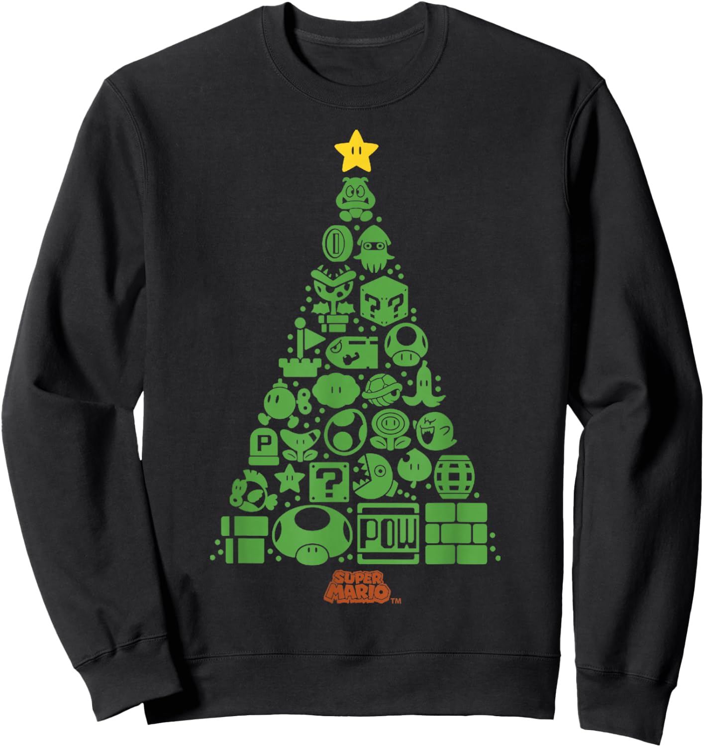 Super Mario Item Characters Christmas Tree Graphic Short Sleeve Black Sweatshirt - Sweatshirt | Black