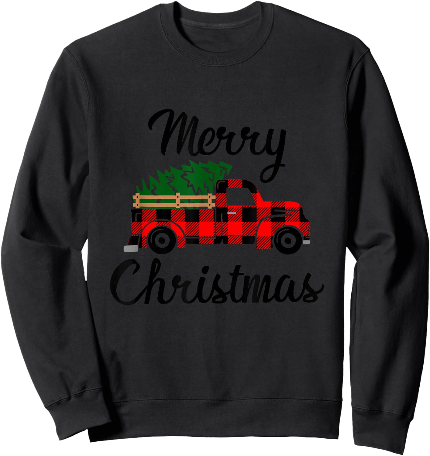 Merry Christmas - Tree On Buffalo Plaid Truck Sweatshirt - Sweatshirt | Black