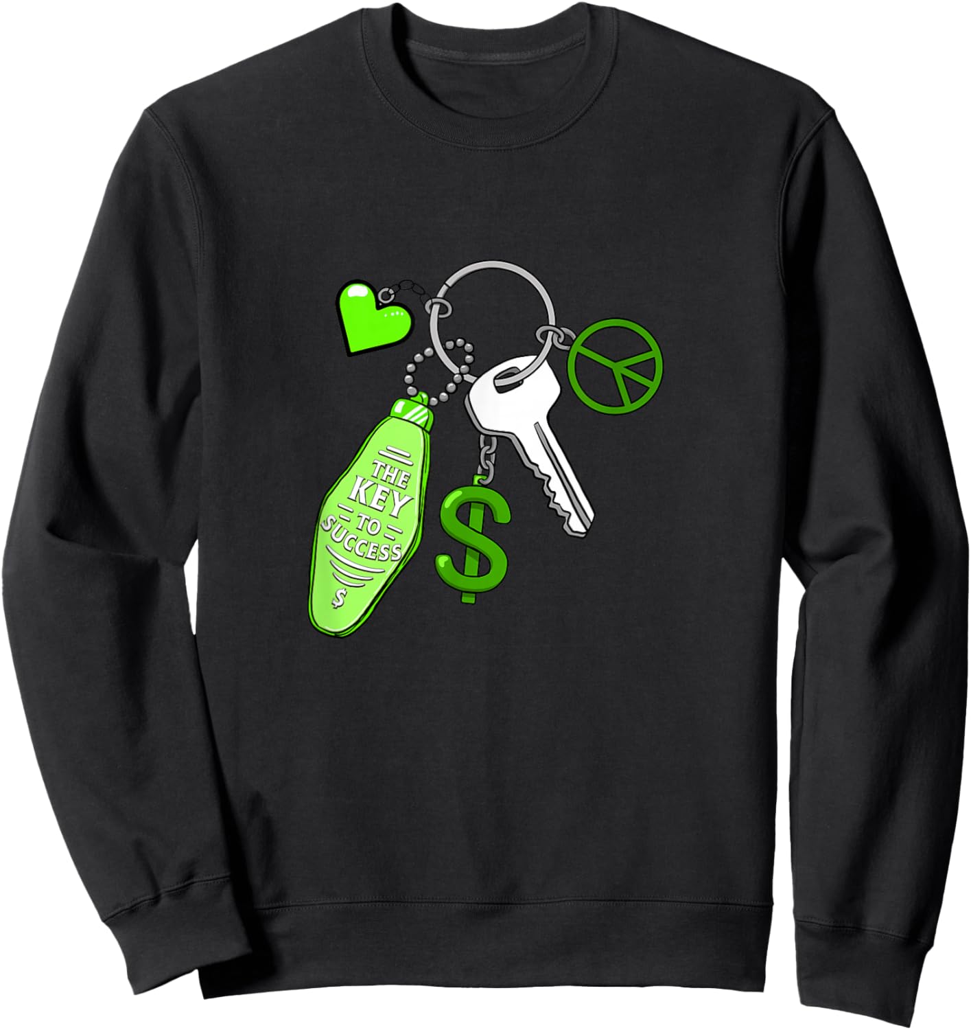 Green Color Success Keys Love Peace Money Graphic Sweatshirt - Sweatshirt | Black