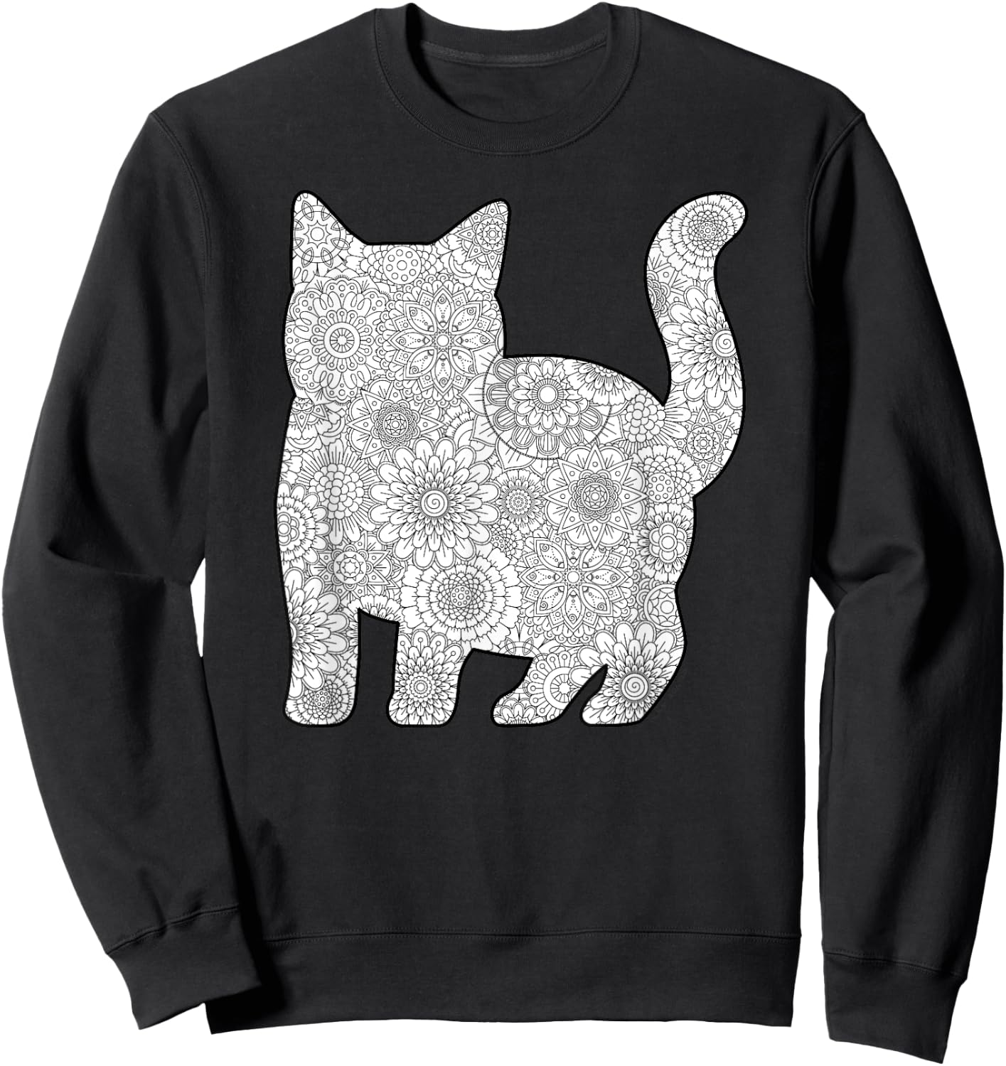Adult Coloring Book - CAT Mandala Flowers Sweatshirt - Sweatshirt | Black