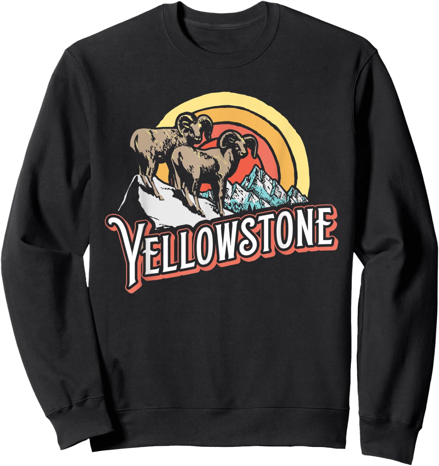 Vintage Big Horned Sheep Yellowstone Sun & Mountain Graphic Sweatshirt - Sweatshirt | Black