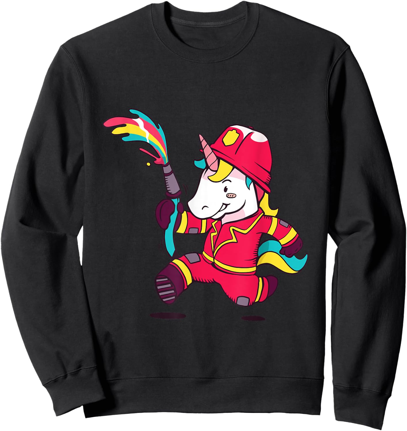 Cute Unicorn Fireman Cartoon Rainbow Unicorn Sweatshirt - Sweatshirt | Black