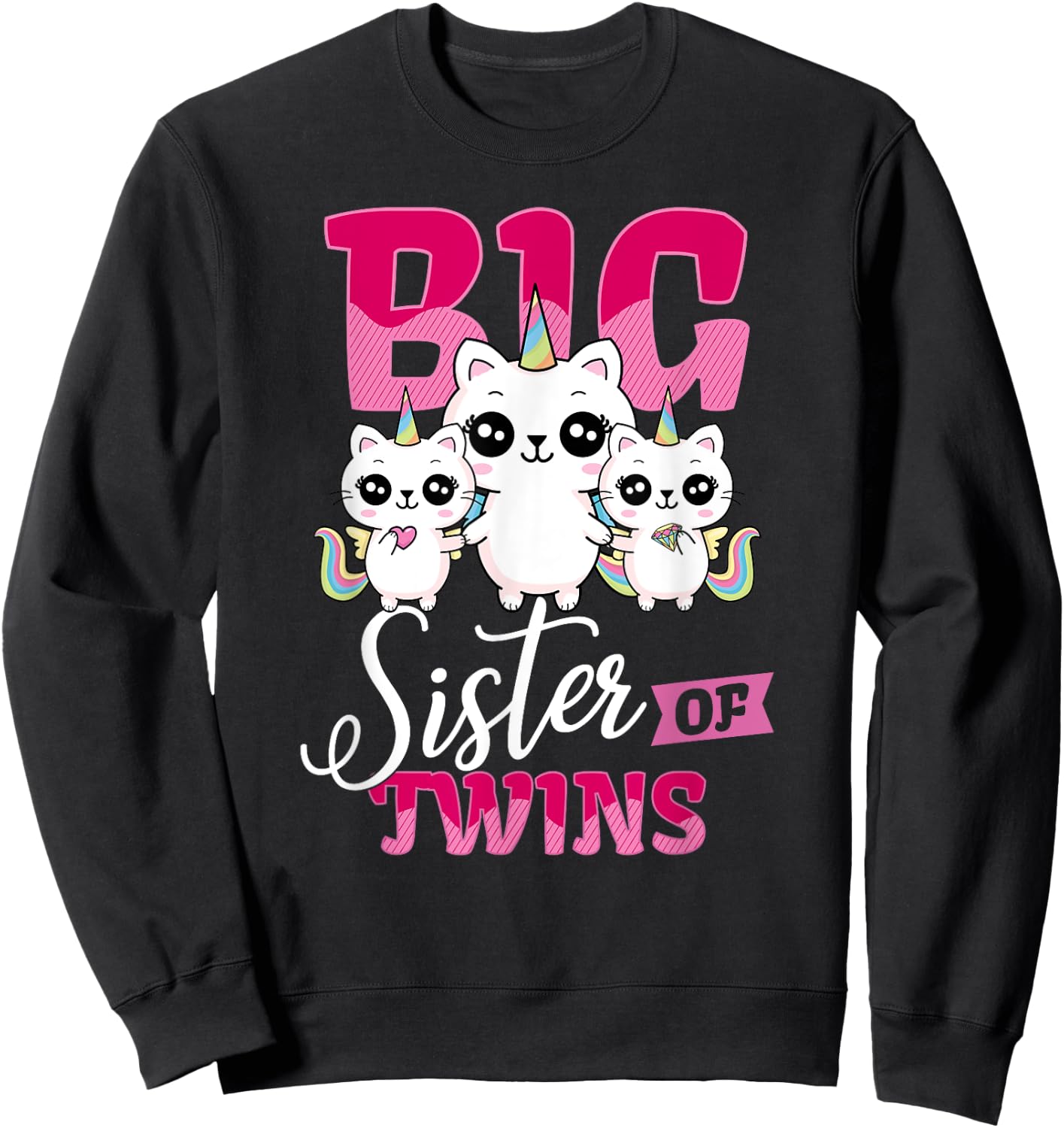 Big Sister of Twins Twin Unicorn Cats Girls Shirt Sweatshirt - Sweatshirt | Black