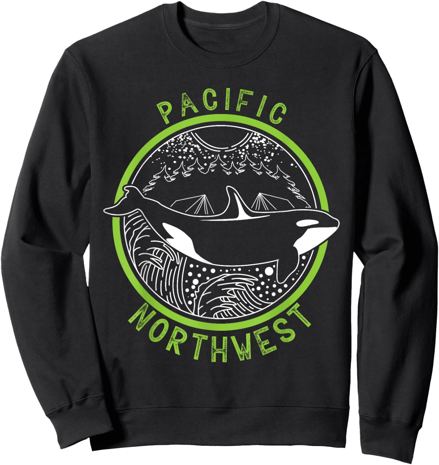 Pacific Northwest Orca Whale Tree Mountain Ocean PNW Sweatshirt - Sweatshirt | Black