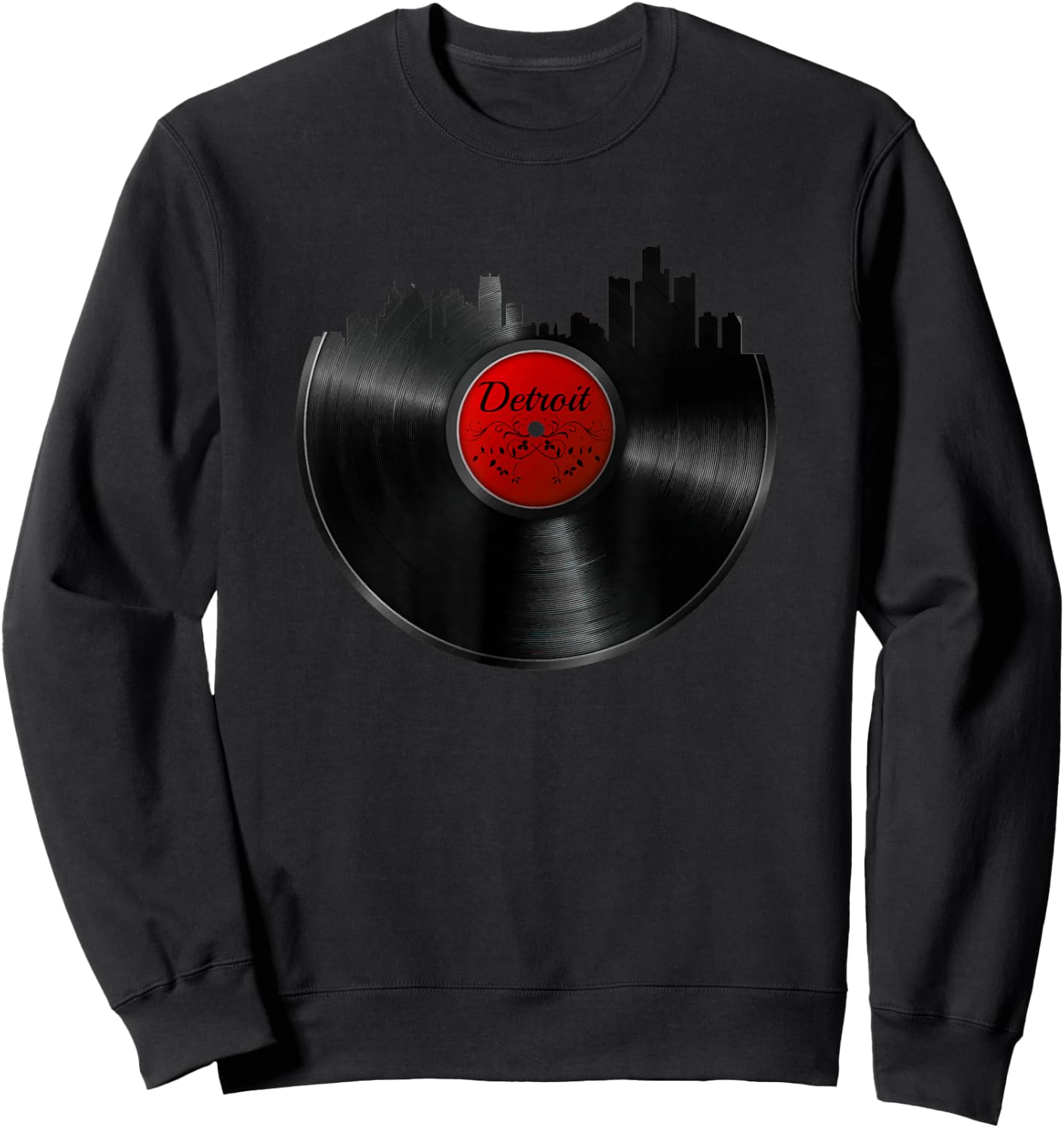 Detroit Vinyl DJ Techno Music Skyline Gift Sweatshirt - Sweatshirt | Black