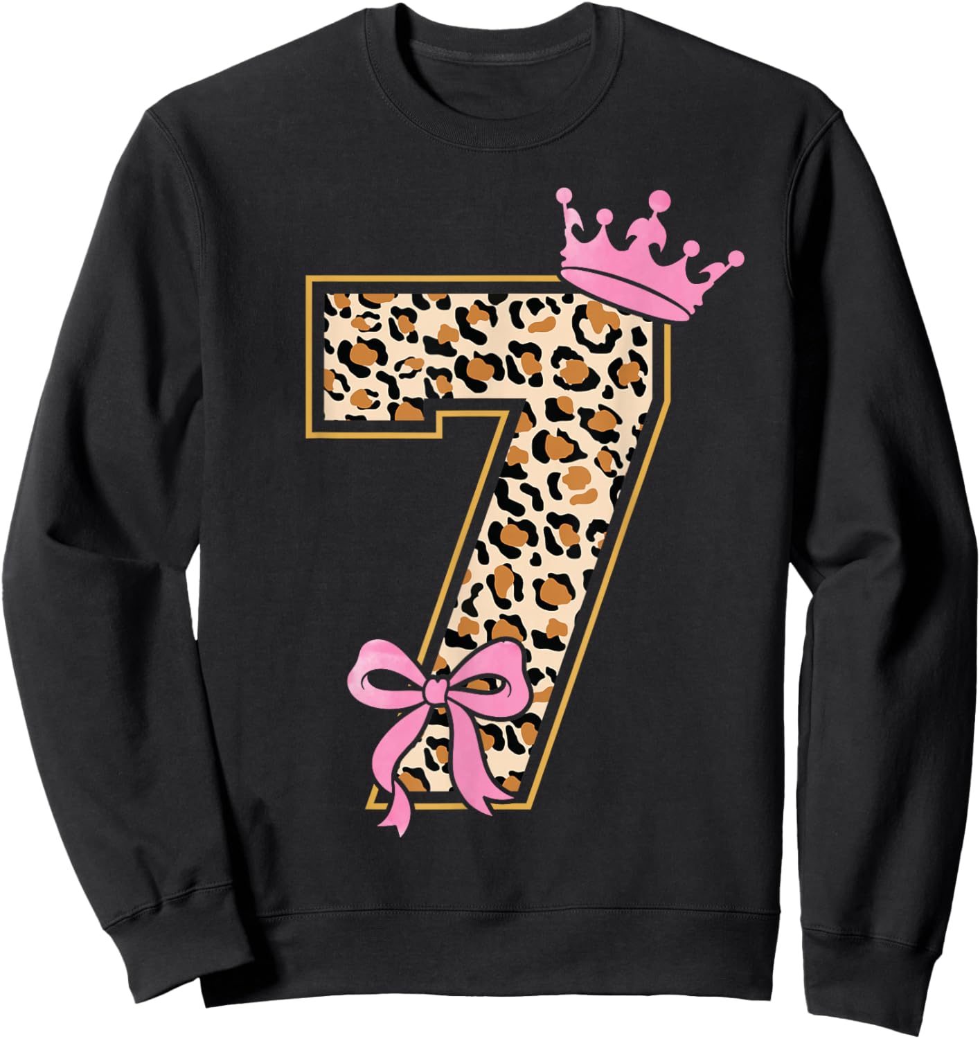 7th Birthday Girl Pink Coquette Bow Leopard 7 Year Old Sweatshirt - Sweatshirt | Black