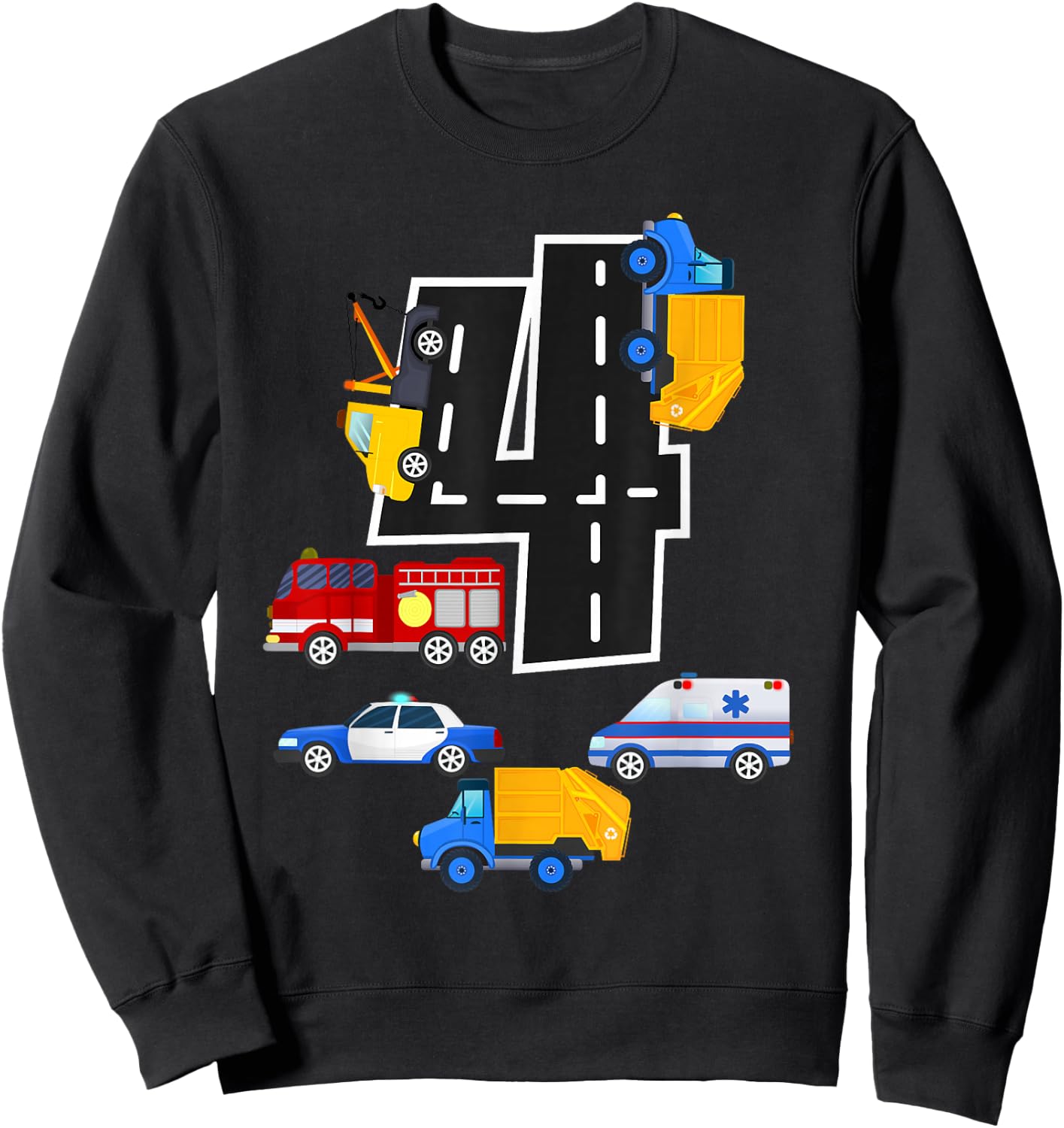 4th Birthday Boys Fire Truck Police Car 4 Year Old Sweatshirt - Sweatshirt | Black