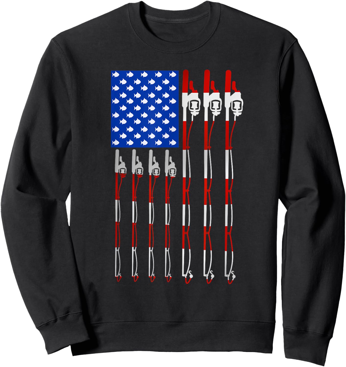 Patriotic Fishing American USA Flag Fishing Pole Women Kids Men Sweatshirt - Sweatshirt | Black
