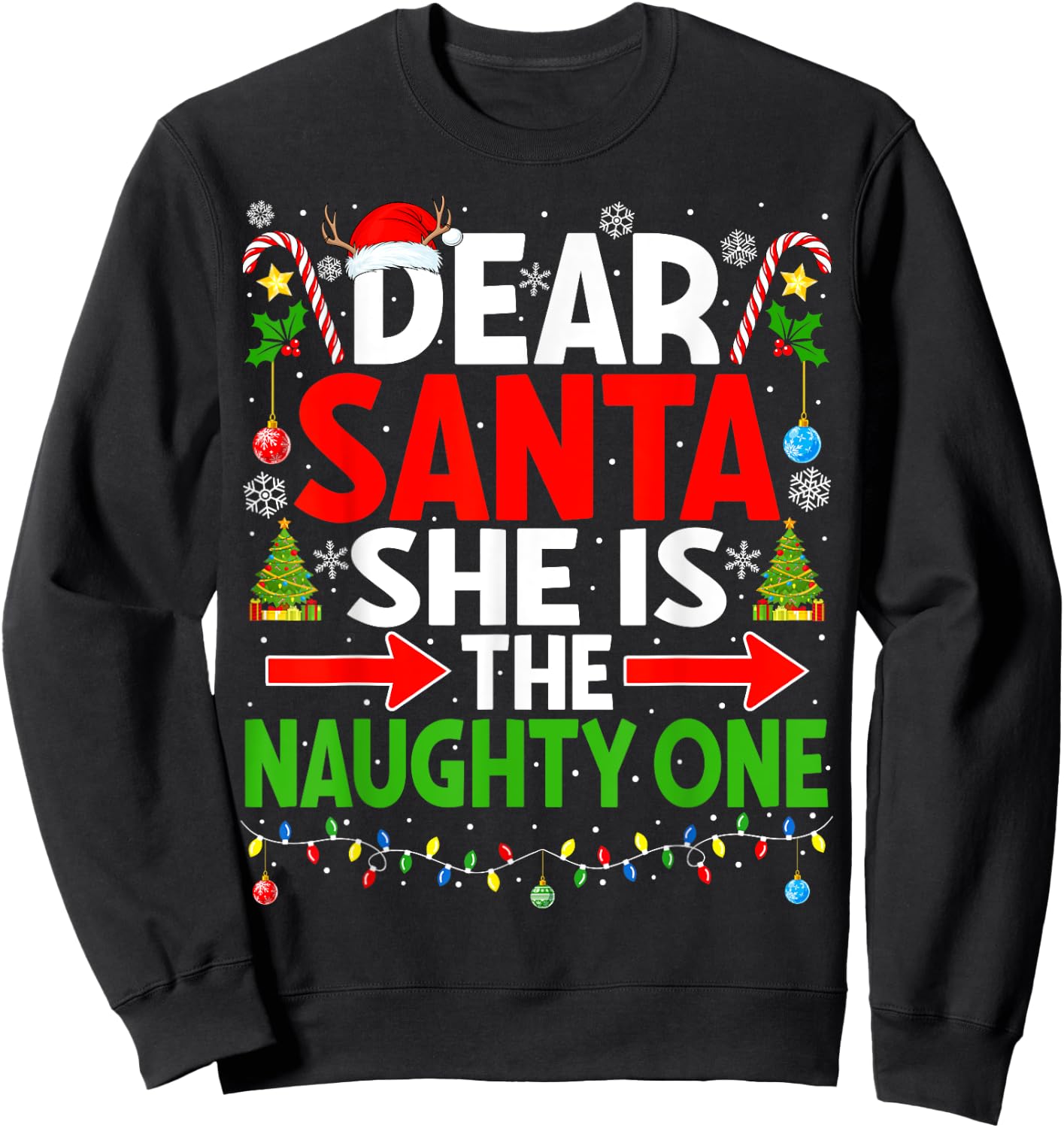 Dear Santa She's Naughty One Christmas Couple Pajama Couples Sweatshirt - Sweatshirt | Black
