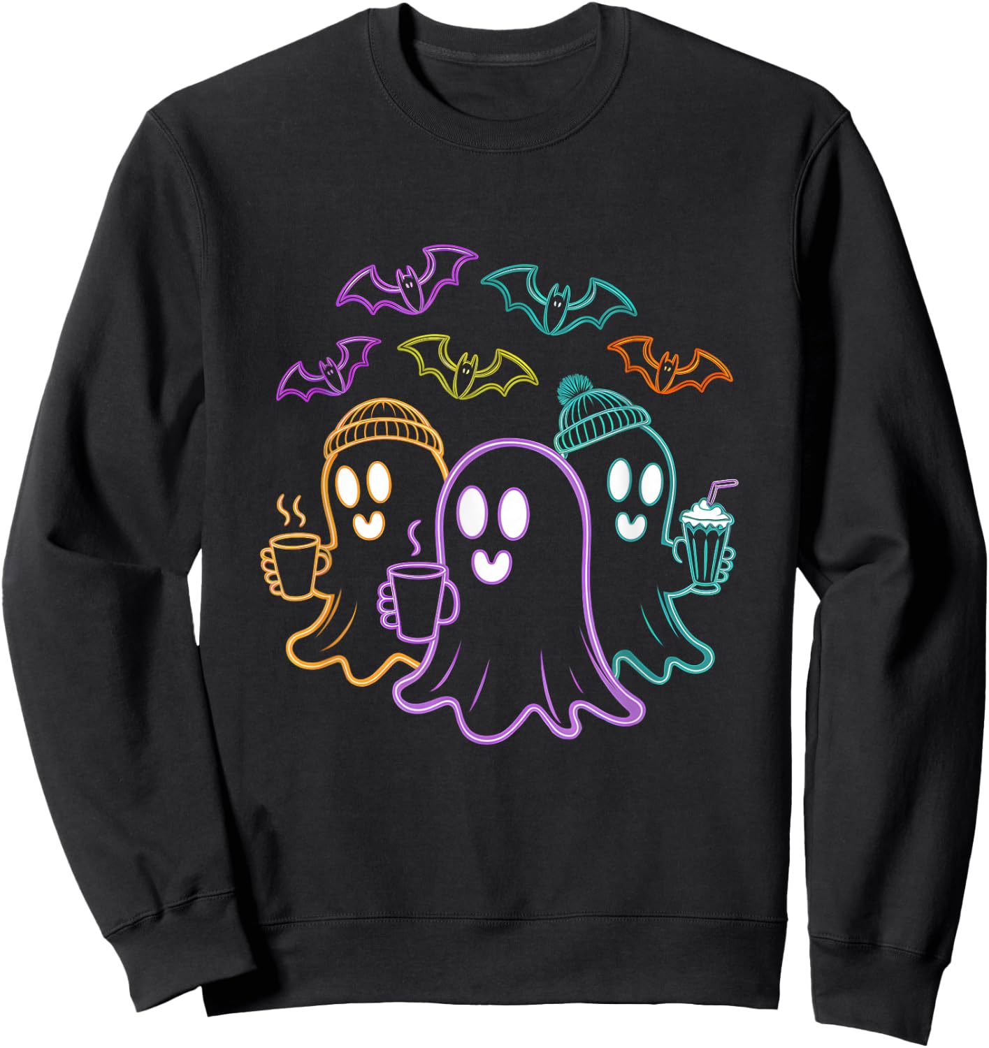 Ghosts Coffee Crew Cute Halloween Design Sweatshirt - Sweatshirt | Black