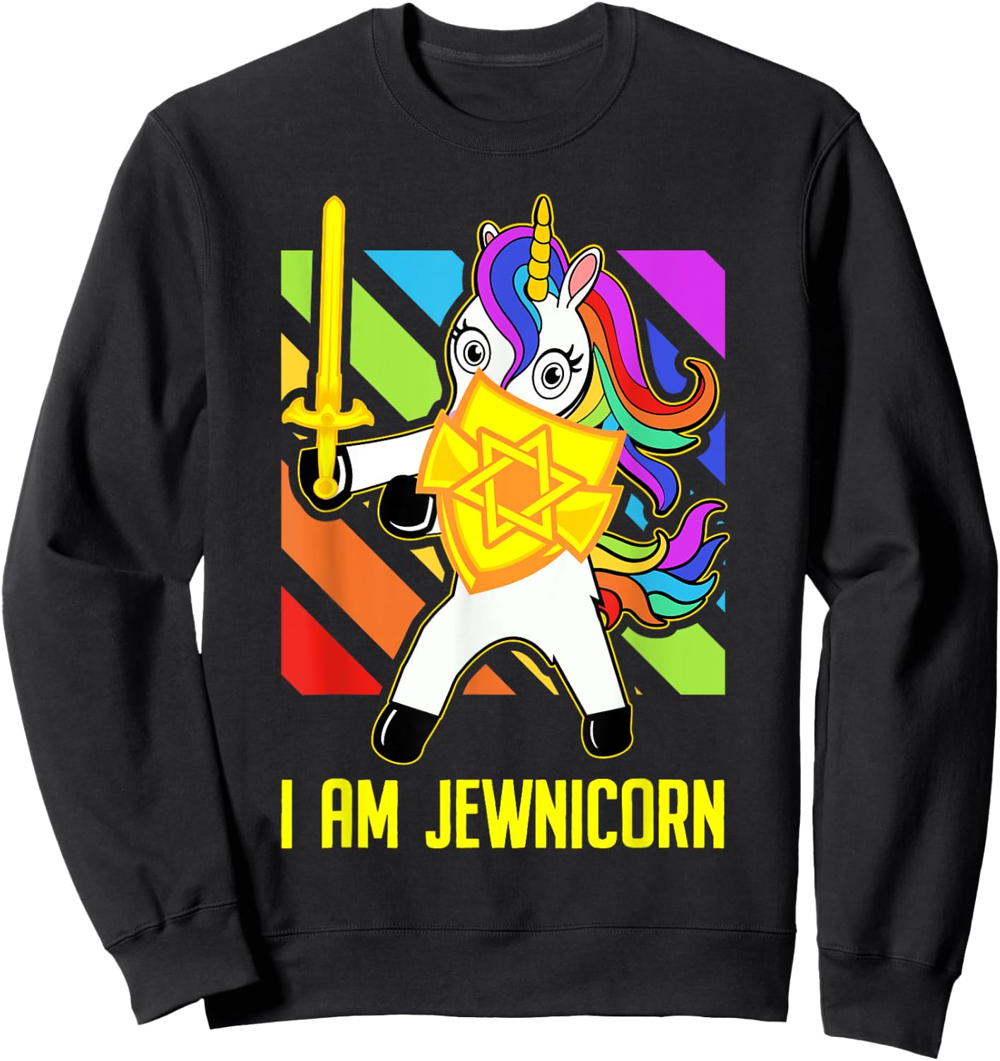 Hanukkah Presents - Proud Jews Rainbow Jewish Unicorn Sweatshirt - Sweatshirt | Black