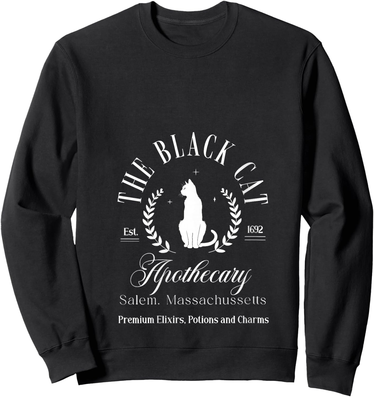 Retro Black Cat Apothecary Witchy Wicca Spooky Halloween V-Neck Sweatshirt - Sweatshirt | Black