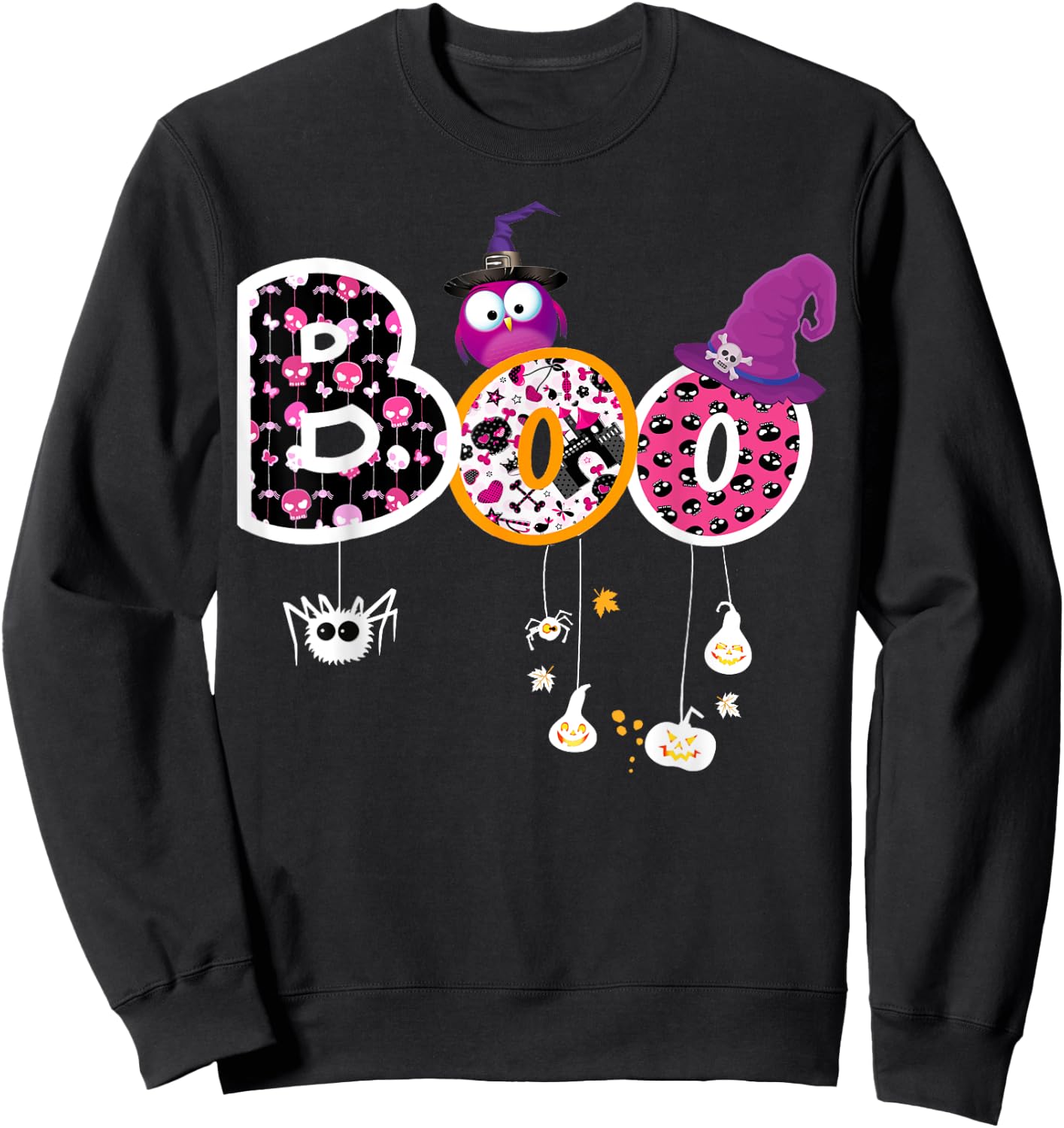 Boo Halloween Costume Spiders, Ghosts, Pumkin & Witch Hat Sweatshirt - Sweatshirt | Black
