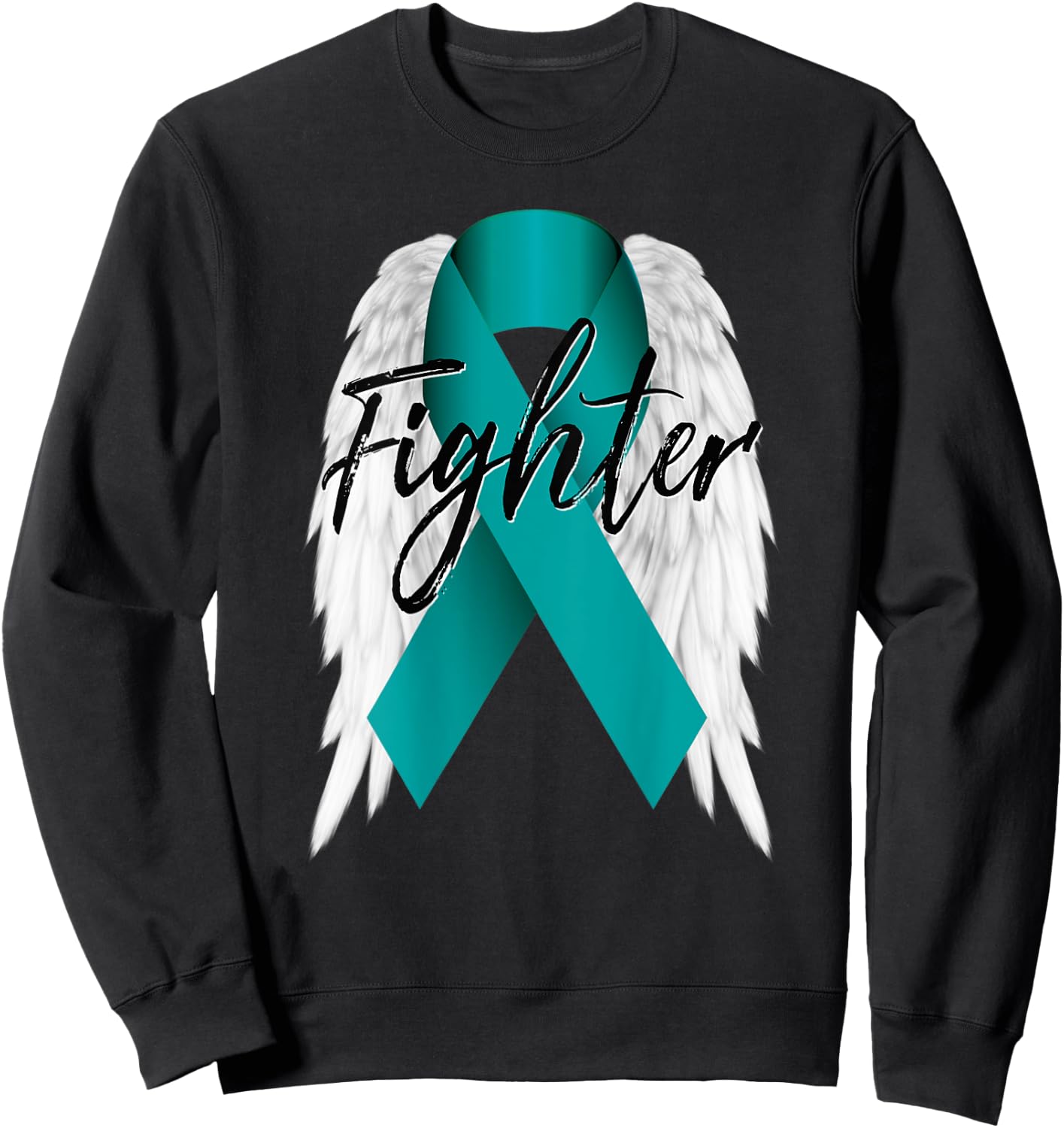 Ovarian Cancer Fighter Shirt Teal Ribbon Angel Wings Gift Sweatshirt - Sweatshirt | Black