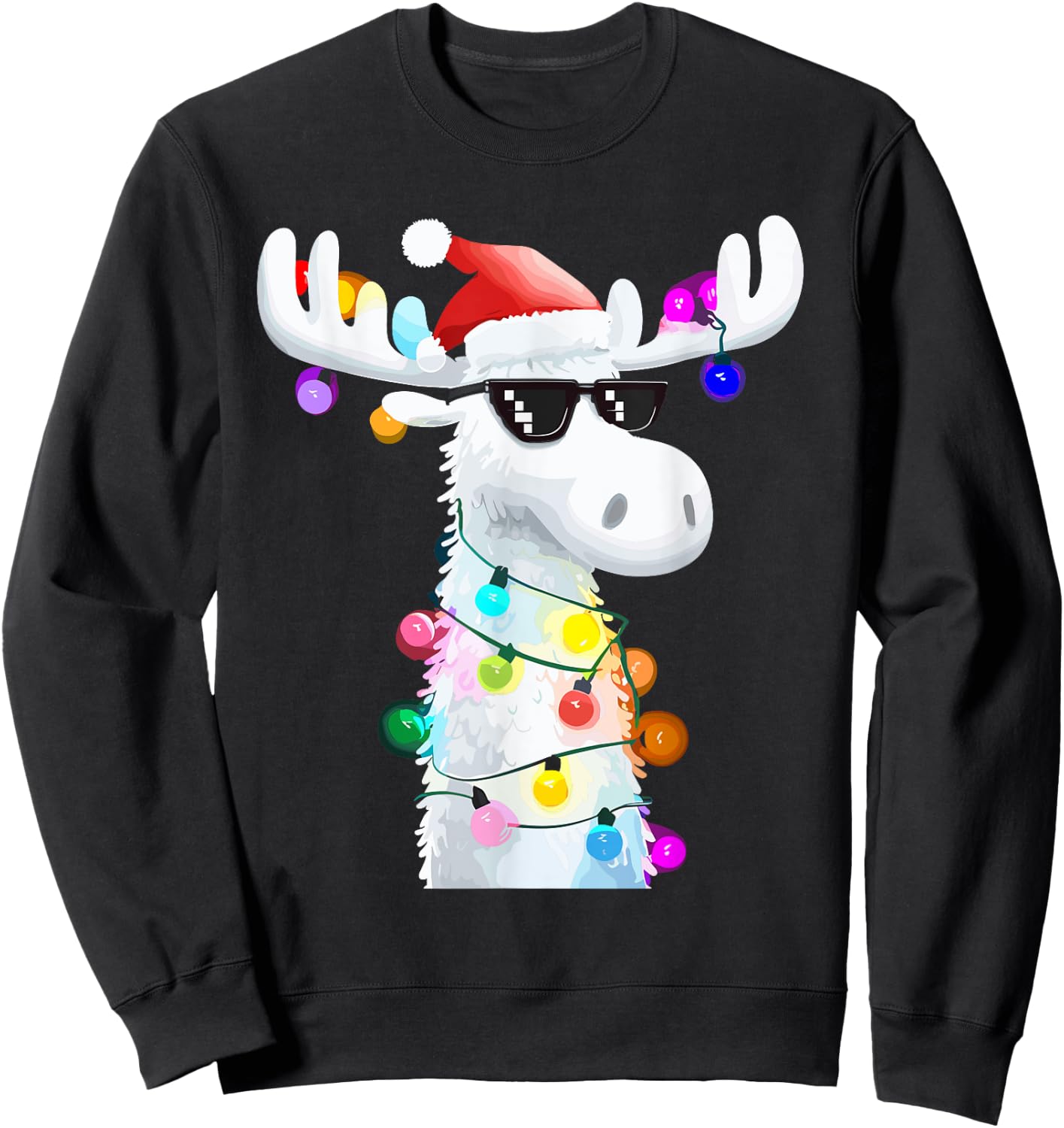 Funny Christmas Moose with Sunglasses and Holiday Lights Sweatshirt - Sweatshirt | Black