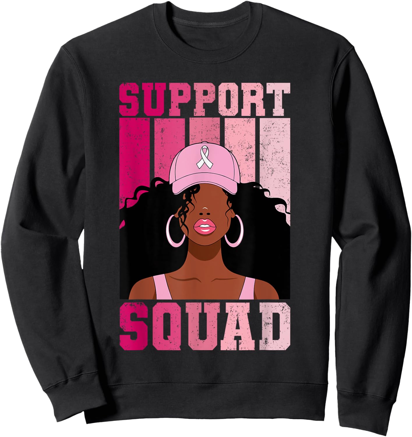 Black Woman Pink Ribbon October Breast Cancer Support Squad Sweatshirt - Sweatshirt | Black
