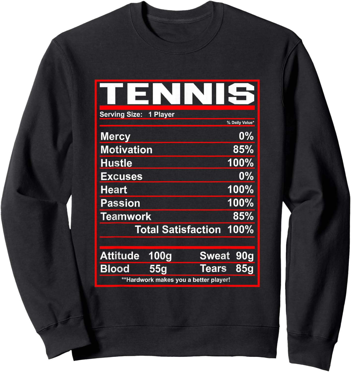 Funny Tennis Nutrition Facts Sweatshirt - Sweatshirt | Black