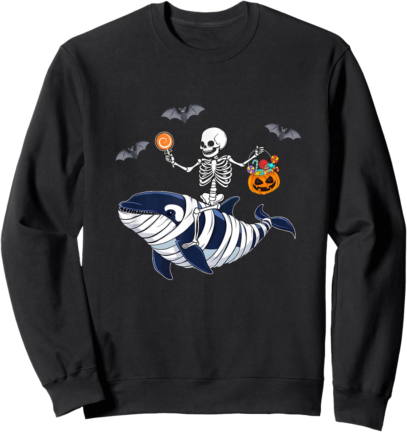 Skeleton Riding Mummy Orca Halloween Costume Whale Sweatshirt - Sweatshirt | Black