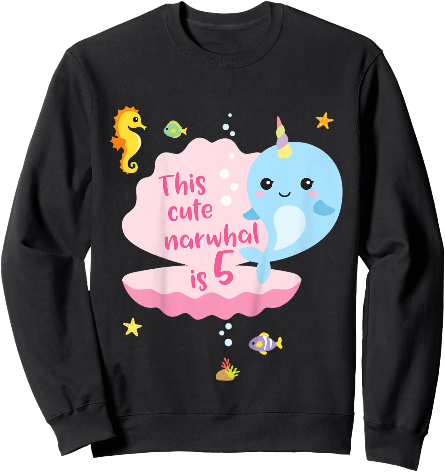 5th Birthday 5 Year Old Girl Boy Gift Narwhal Sea Unicorn Sweatshirt - Sweatshirt | Black