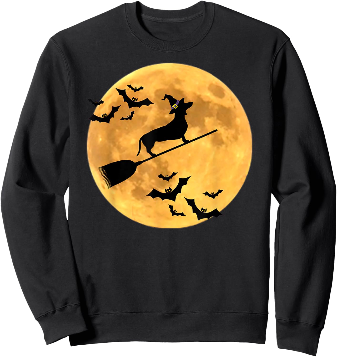 Dachshund Witch Dog Halloween Moon Broomstick Broom Men Women Kids Sweatshirt - Sweatshirt | Black