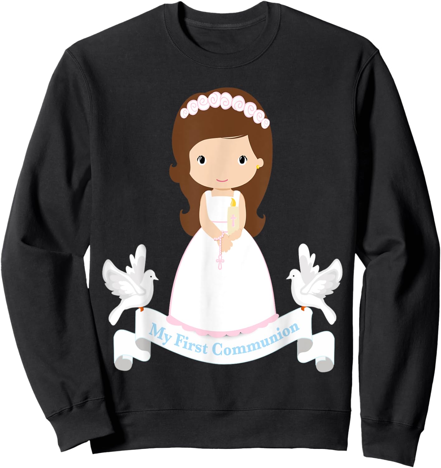 First Communion Shirt Kids Rosary Girls Daughter Brown Hair Sweatshirt - Sweatshirt | Black