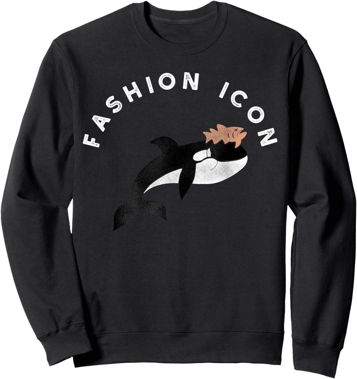 Fashion Icon Orca Whale Wearing Dead Salmon on Head Sweatshirt - Sweatshirt | Black