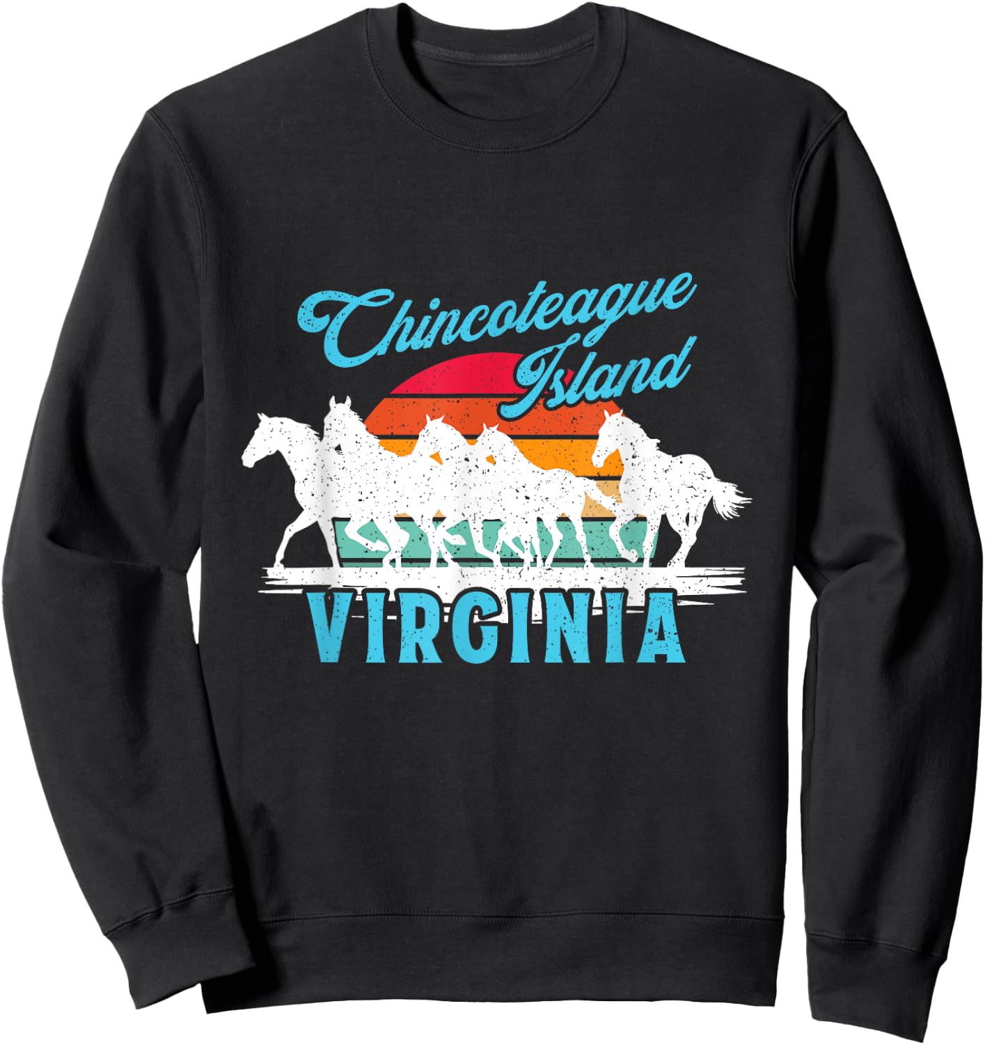 Chincoteague Island Wild Horses Virginia Travel Retro Sunset Sweatshirt - Sweatshirt | Black