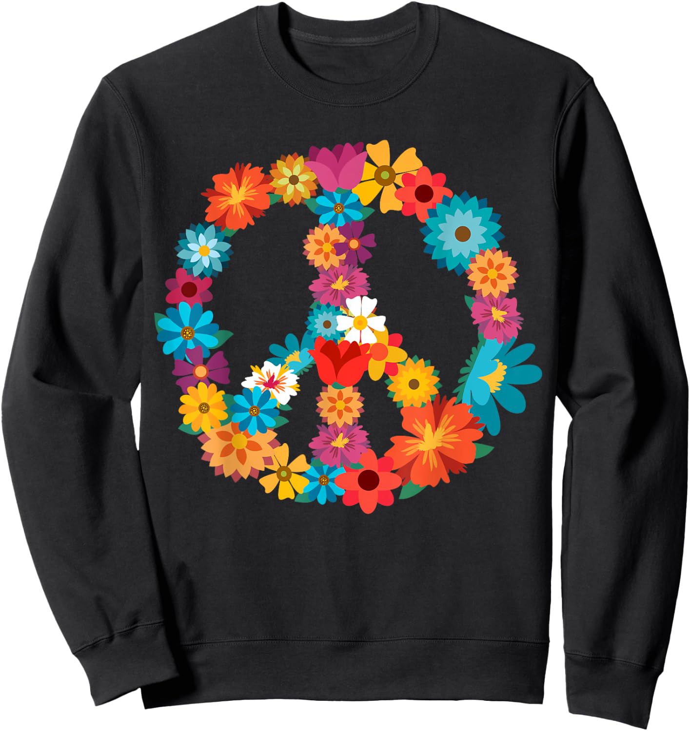 Peace Love | 60's 70's Hippie Costume Colorful Flowers Sweatshirt - Sweatshirt | Black