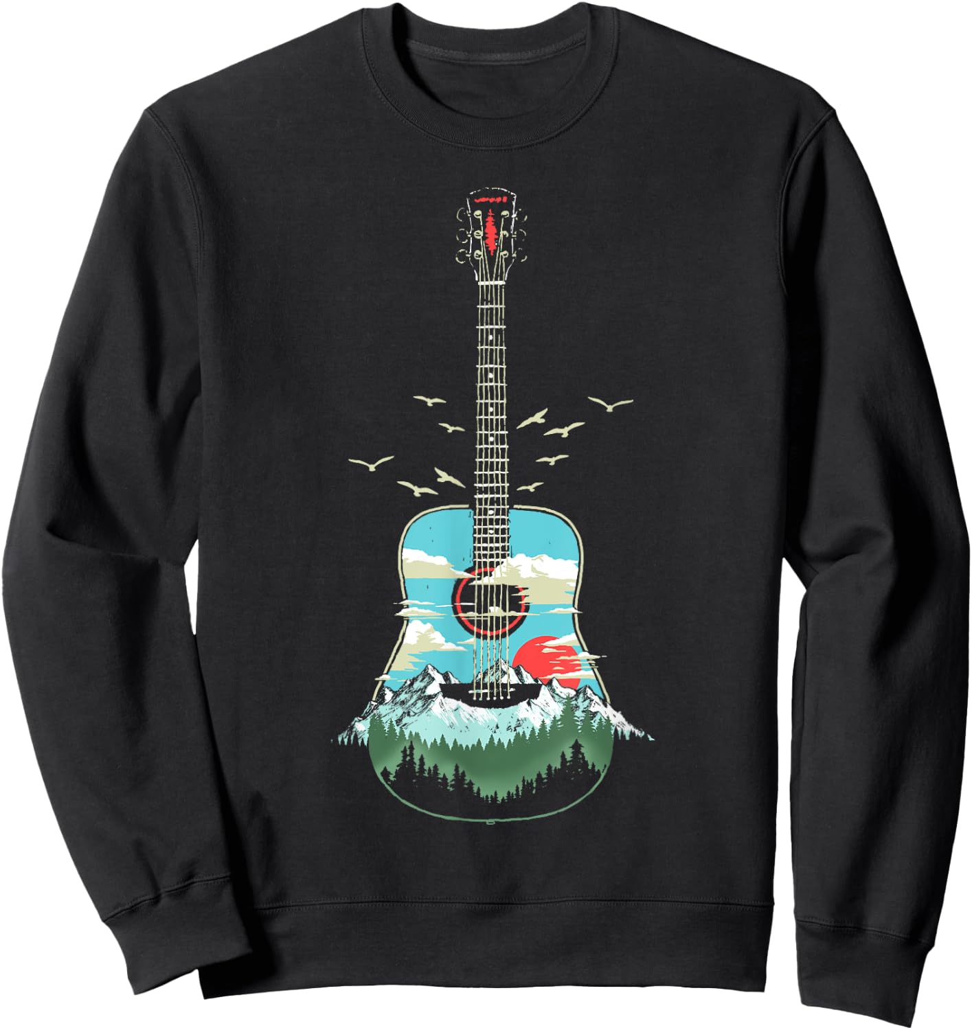 Beautiful Acoustic Guitar Mountains Forest & Nature Graphic Sweatshirt - Sweatshirt | Black