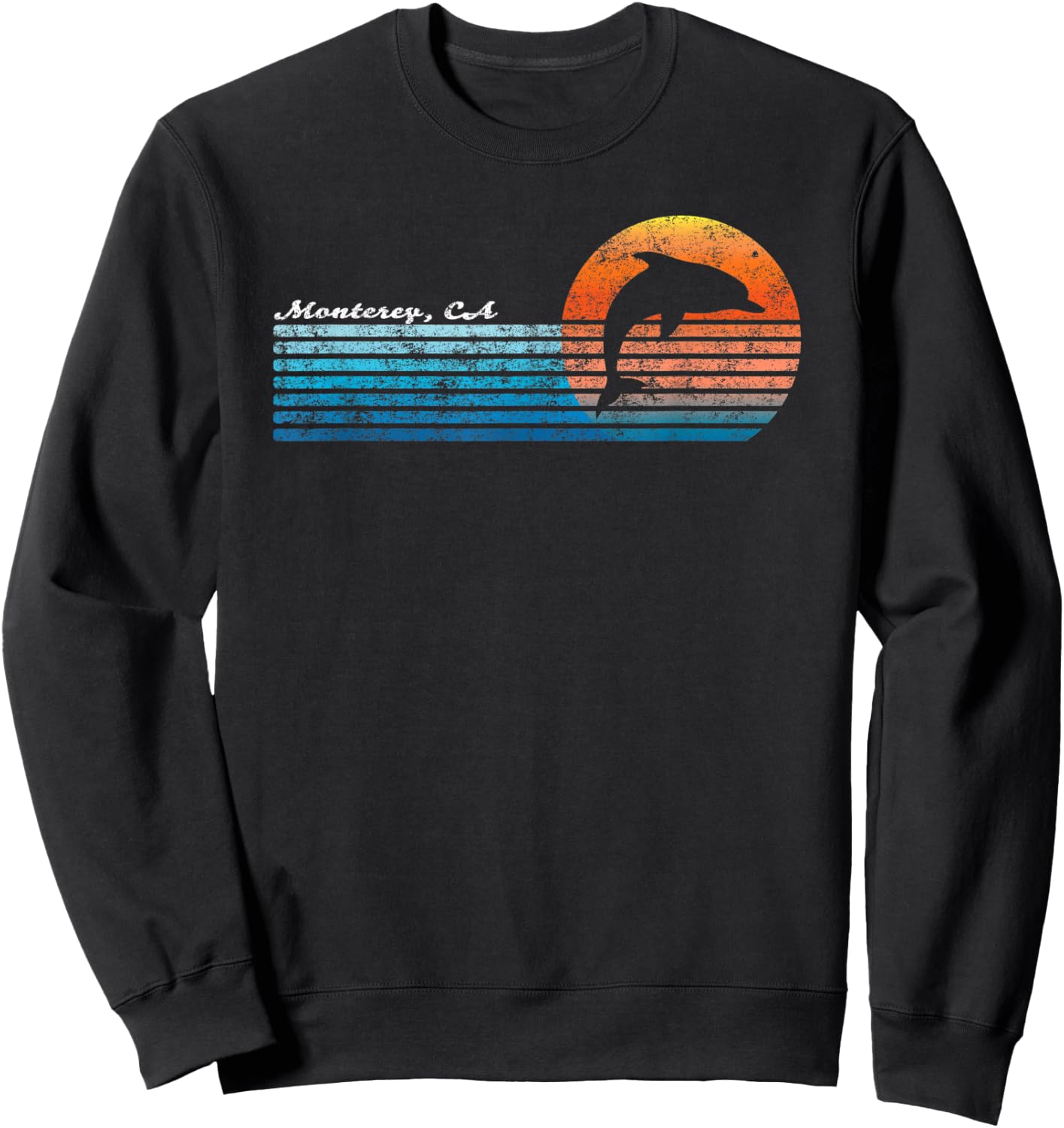 Vintage Monterey, CA Retro 80s Dolphin Sunset Sweatshirt - Sweatshirt | Black