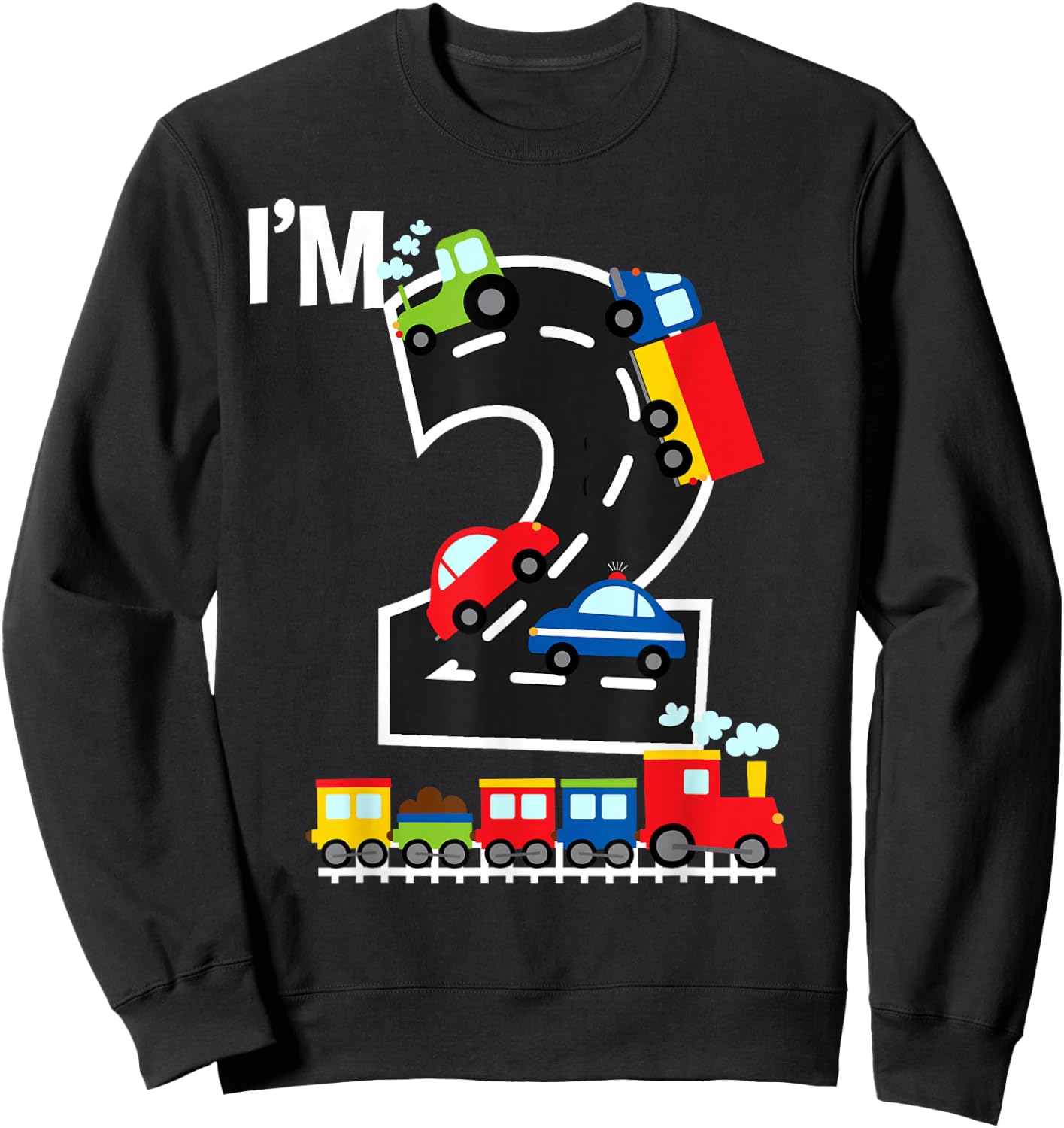 I'm 2 Birthday Boy 2nd Bday Trains Cars Trucks Number Sweatshirt - Sweatshirt | Black