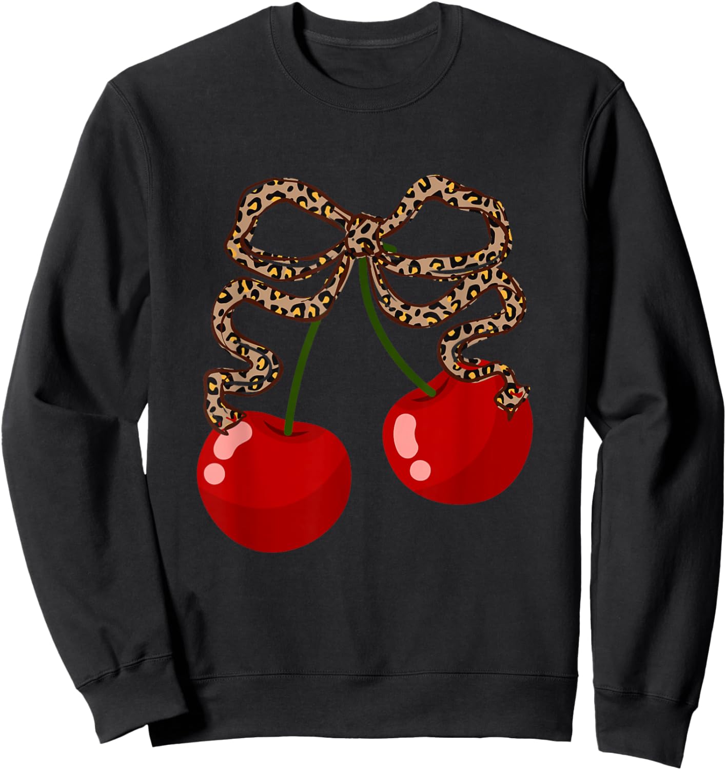 Cherries with Leopard Coquette Bow Girl Aesthetic Sweatshirt - Sweatshirt | Black