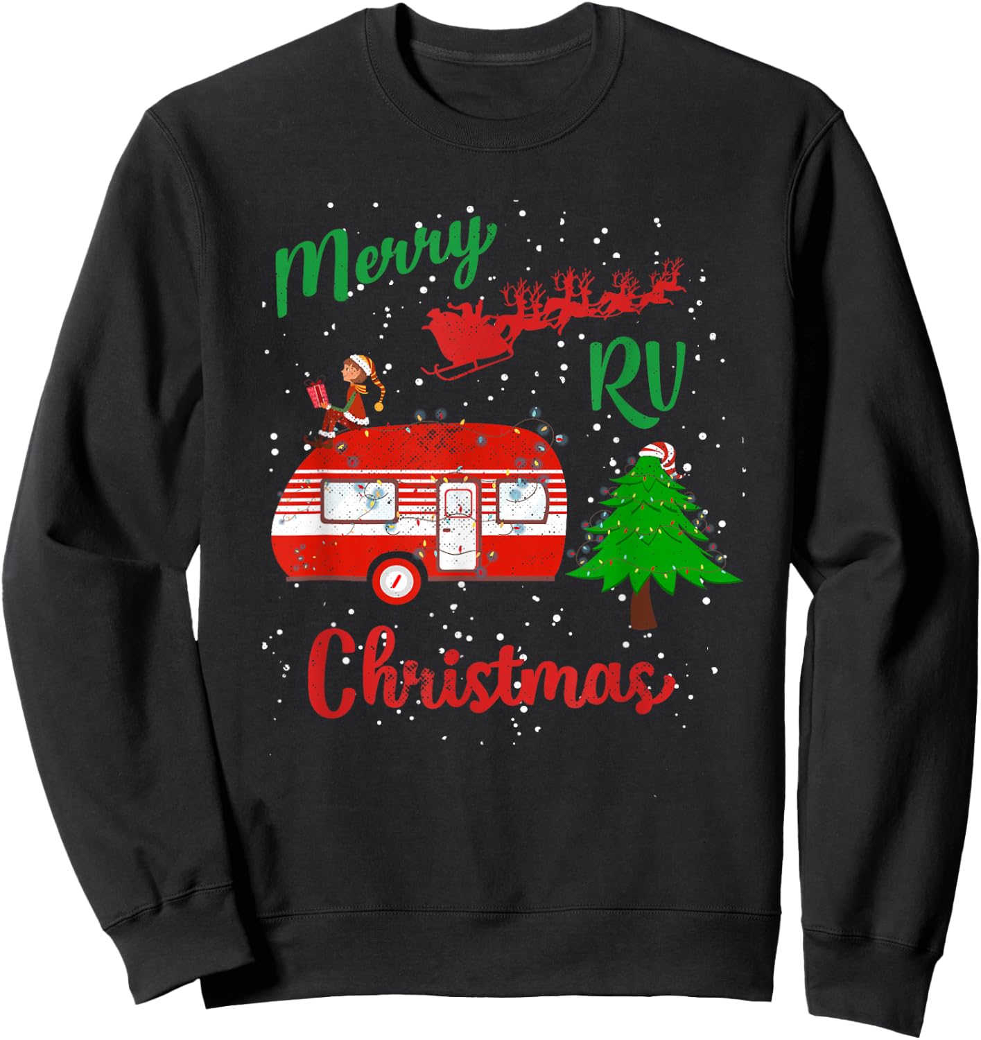 Merry RV Christmas Camping Santa Claus Distressed Sweatshirt - Sweatshirt | Black