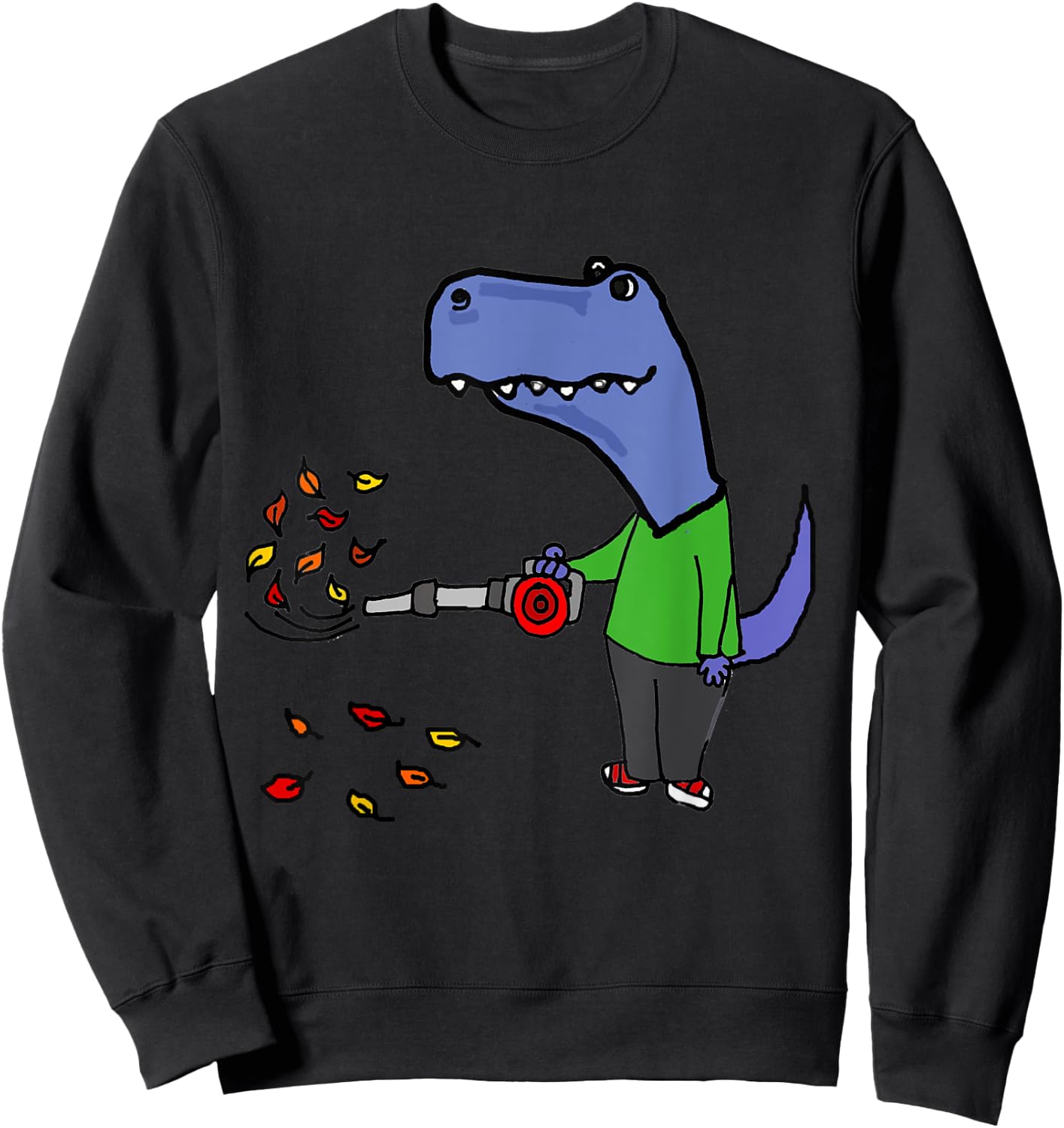 Smileteesall Funny T-rex Dinosaur using Leaf Blower Cartoon Sweatshirt - Sweatshirt | Black